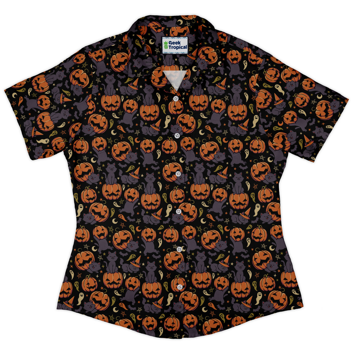 Pumpkin Field Black Cat Autumn Halloween Curvy Button Up Shirt womens front