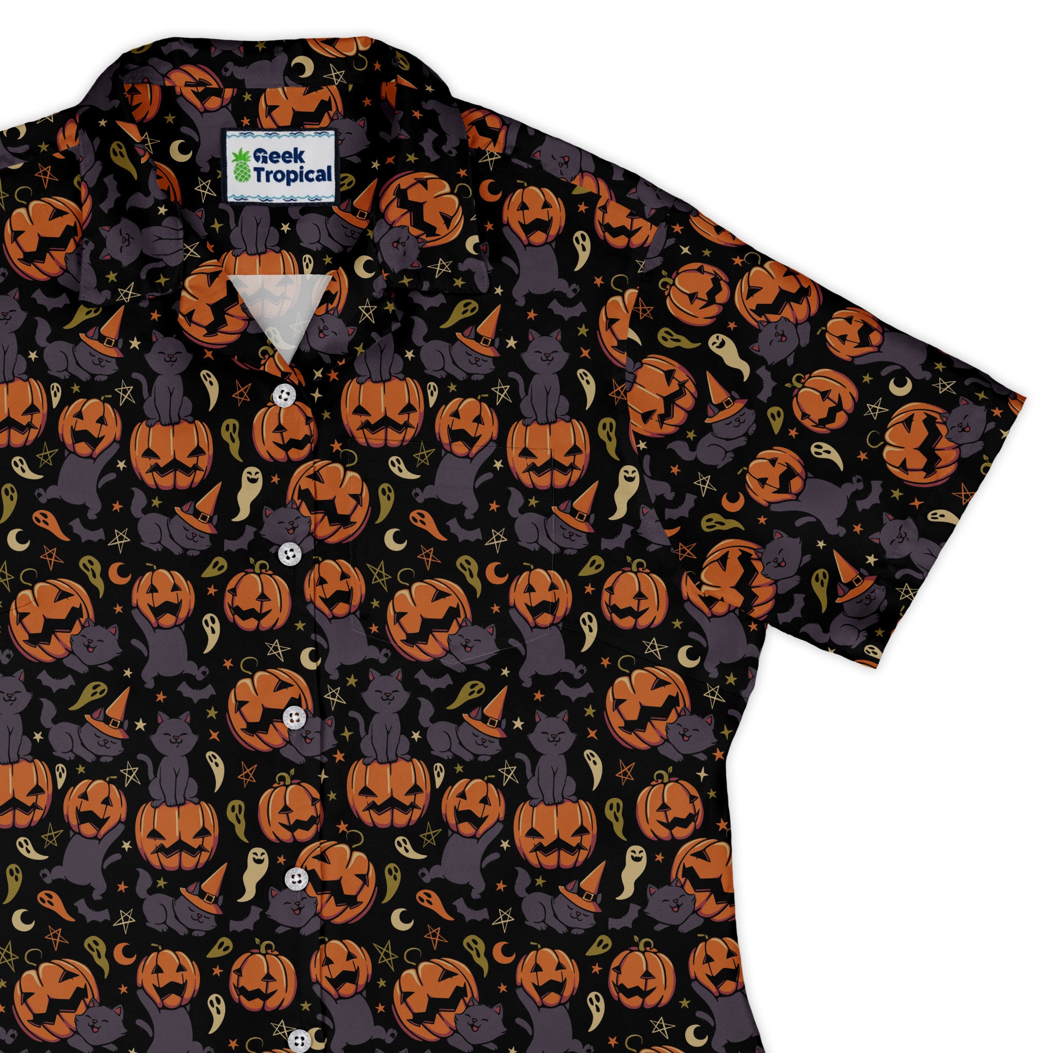 Pumpkin Field Black Cat Autumn Halloween Curvy Button Up Shirt womens top right