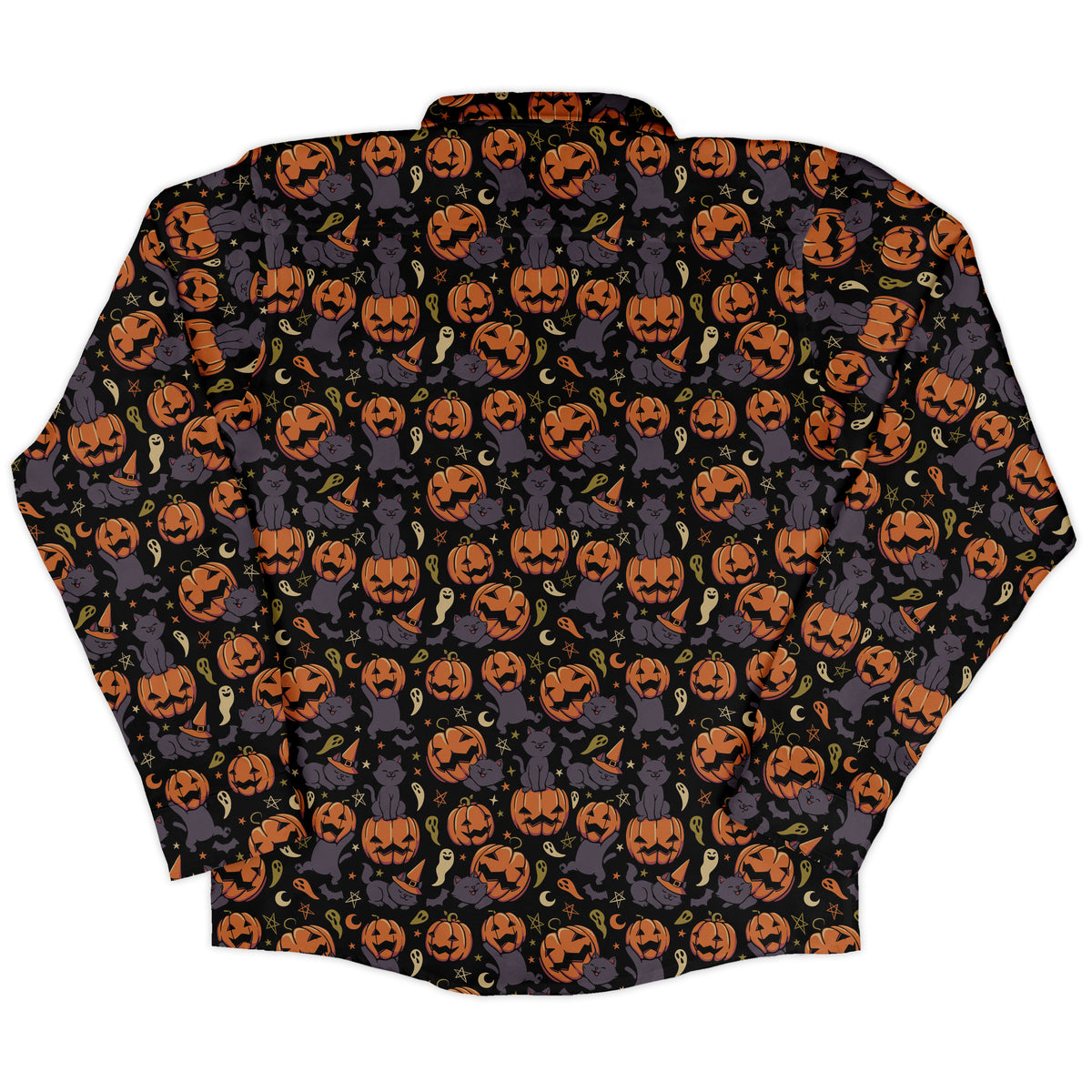 Pumpkin Field Black Cat Autumn Halloween Long Sleeve Button Up Shirt back