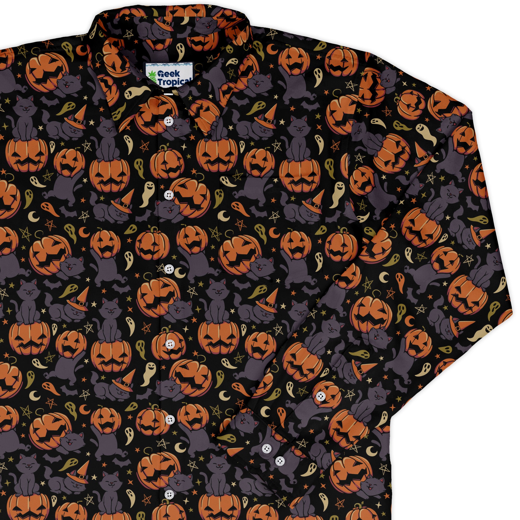 Pumpkin Field Black Cat Autumn Halloween Long Sleeve Button Up Shirt cover