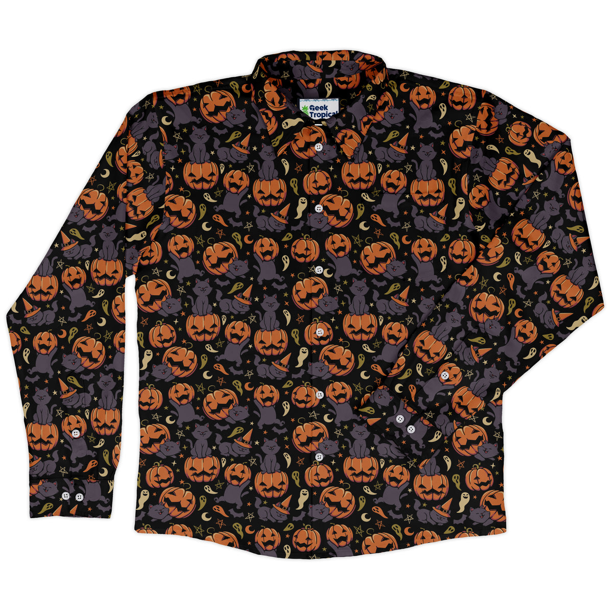 Pumpkin Field Black Cat Autumn Halloween Long Sleeve Button Up Shirt front
