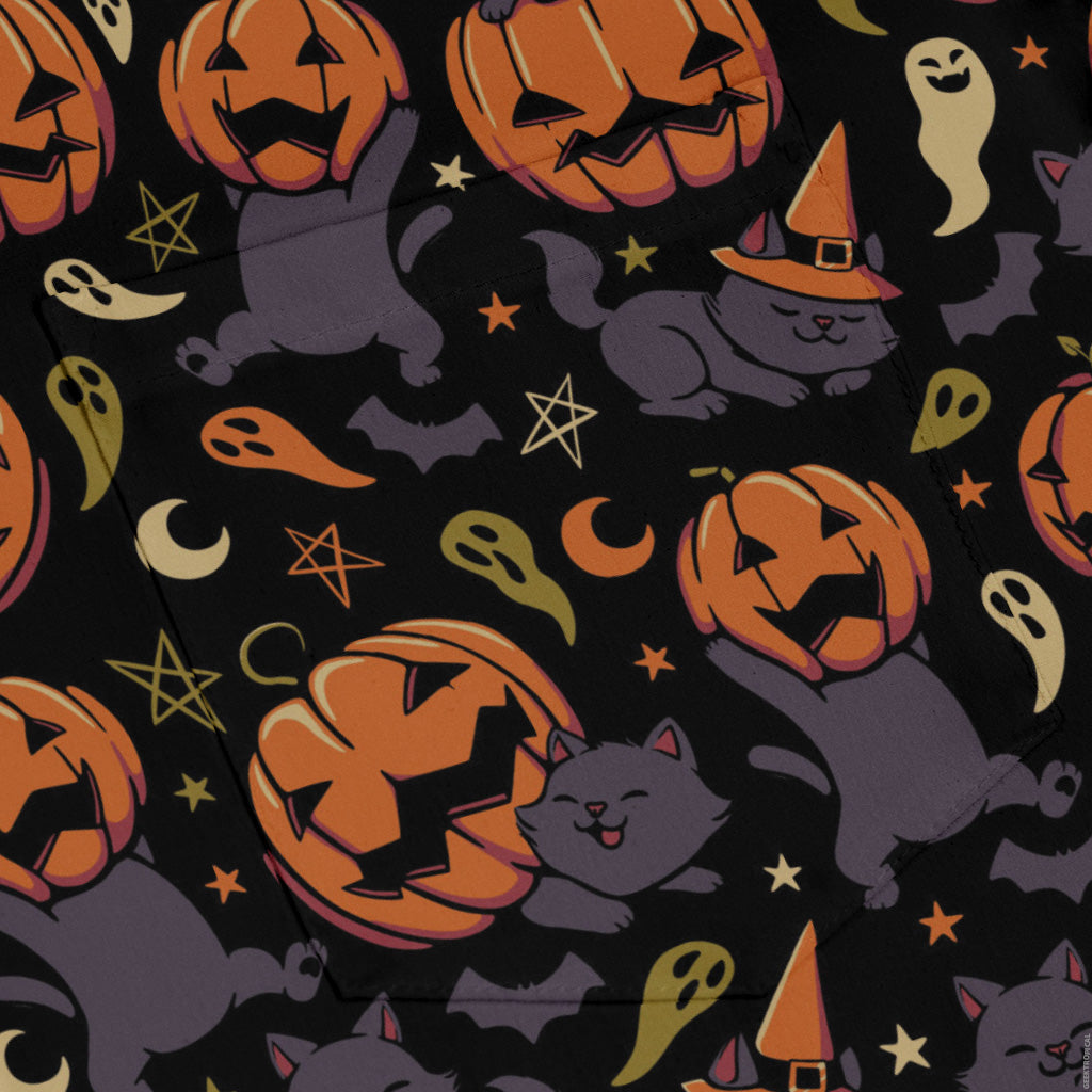 Pumpkin Field Black Cat Autumn Halloween Long Sleeve Button Up Shirt pocket