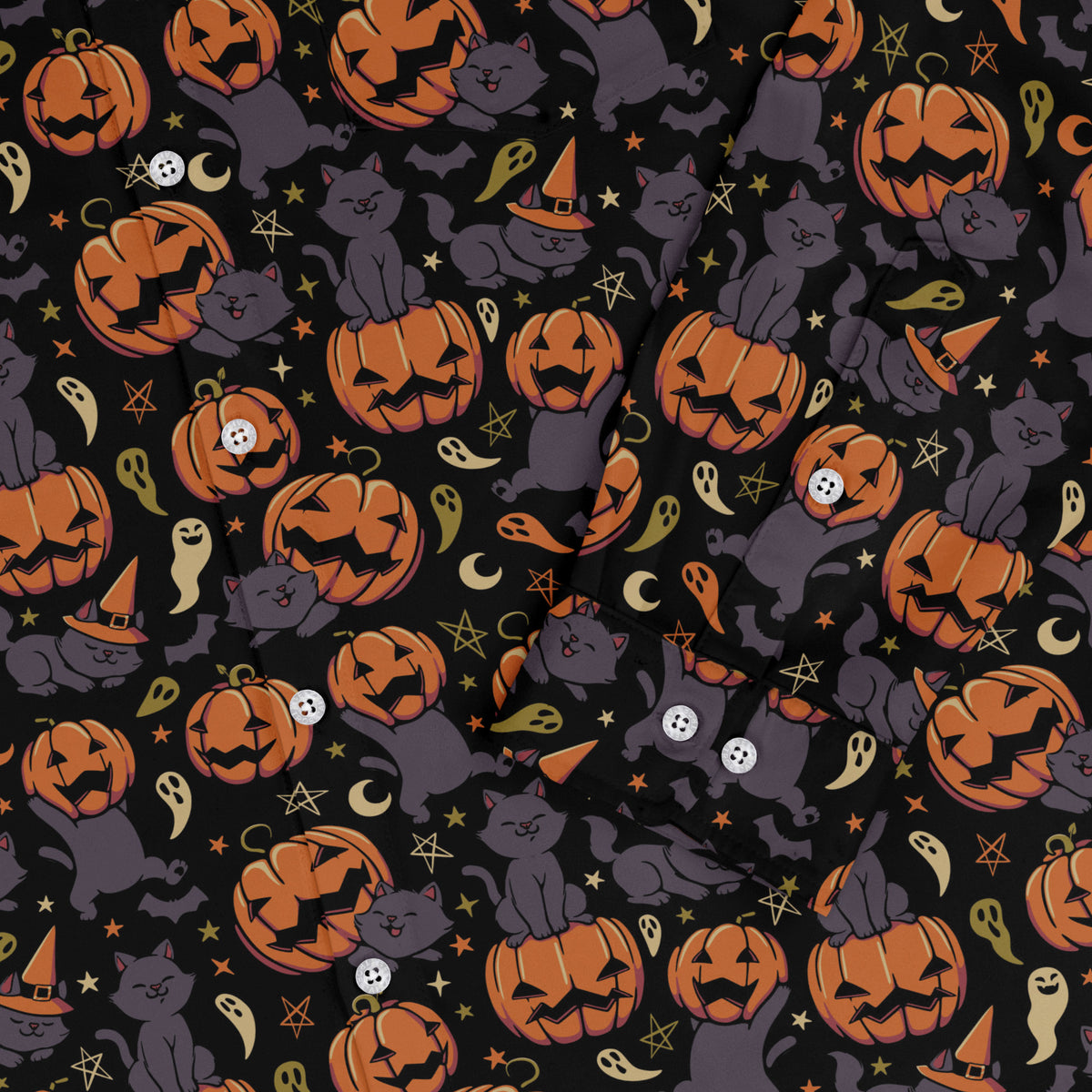 Pumpkin Field Black Cat Autumn Halloween Long Sleeve Button Up Shirt sleeve close