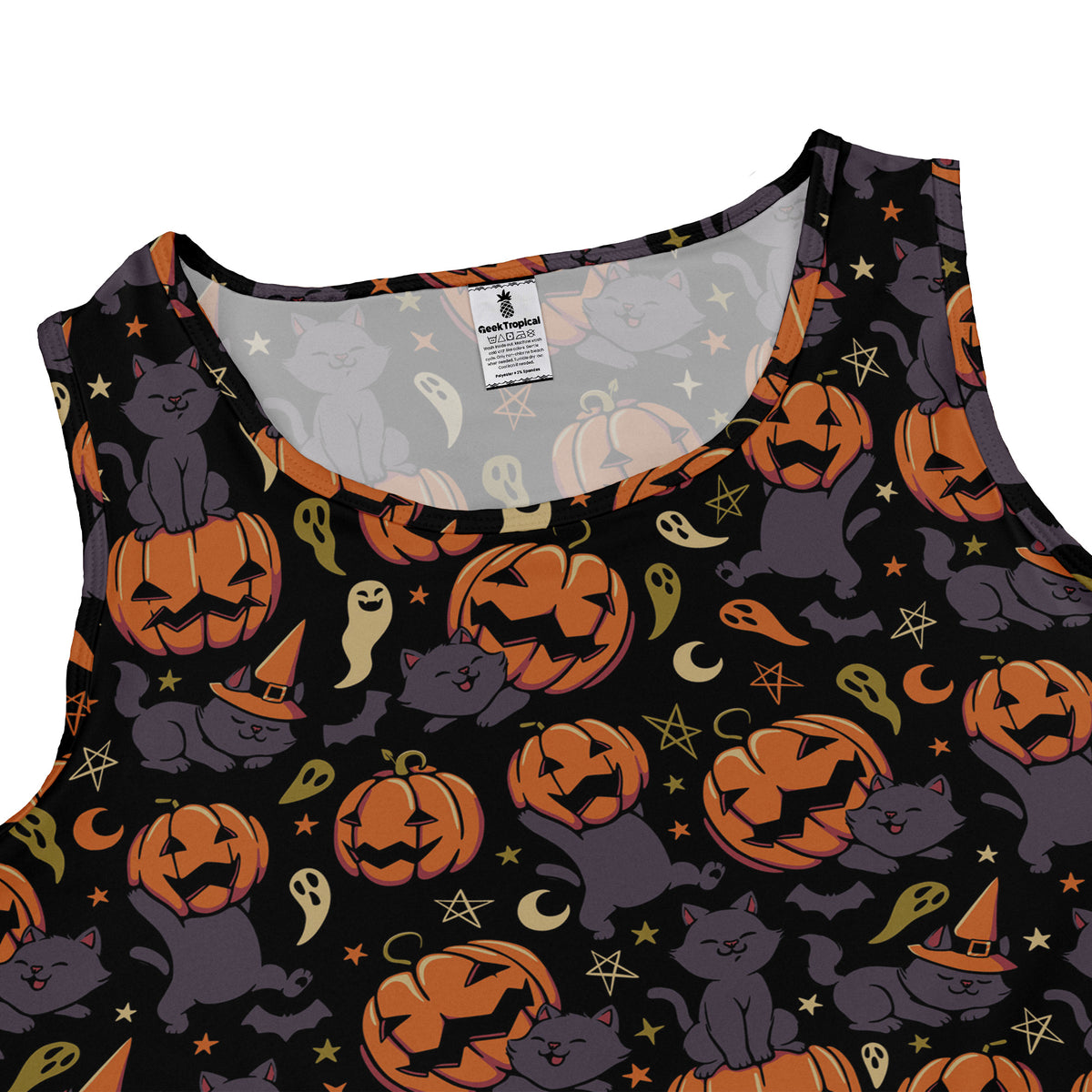 Pumpkin Field Black Cat Autumn Halloween Sleeveless Dress close front