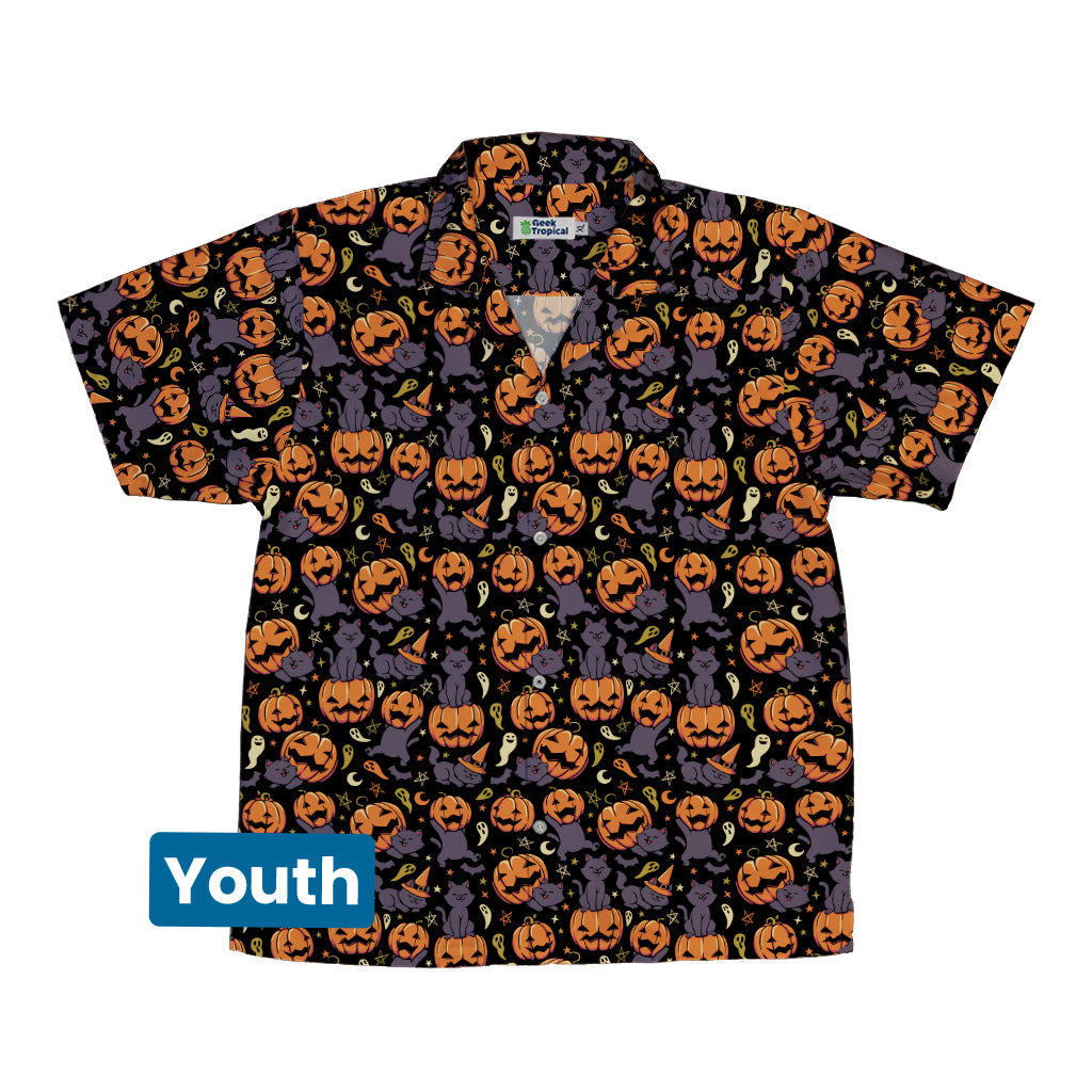 Pumpkin Field Black Cat Autumn Halloween Youth Hawaiian Shirt Front