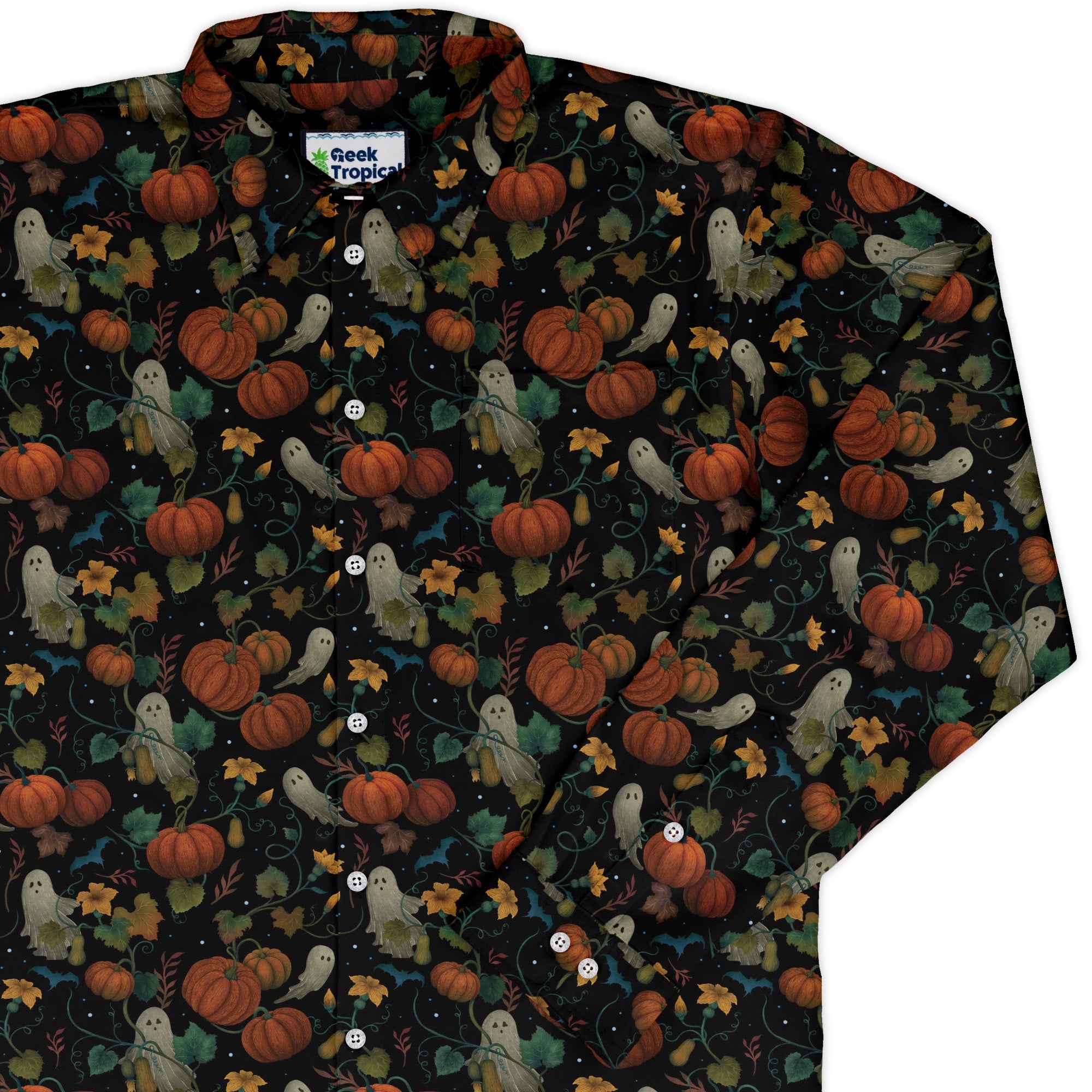 Pumpkin Ghosts Long Sleeve Button Up Shirt Geek Nerd 0925 adult sizing All Adult Button Up Shirts