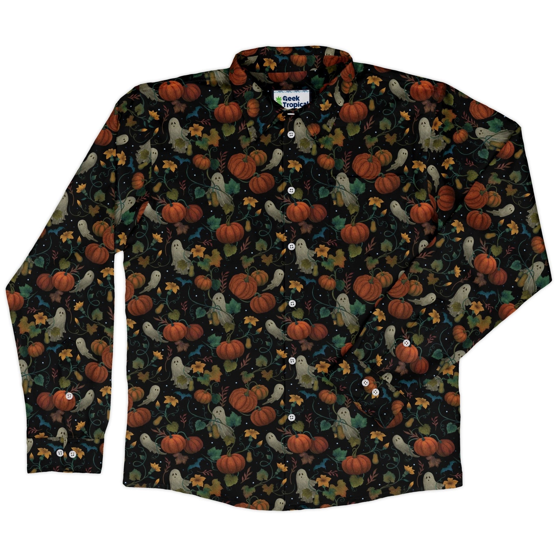 Pumpkin Ghosts Long Sleeve Button Up Shirt Geek Nerd 0925 adult sizing All Adult Button Up Shirts