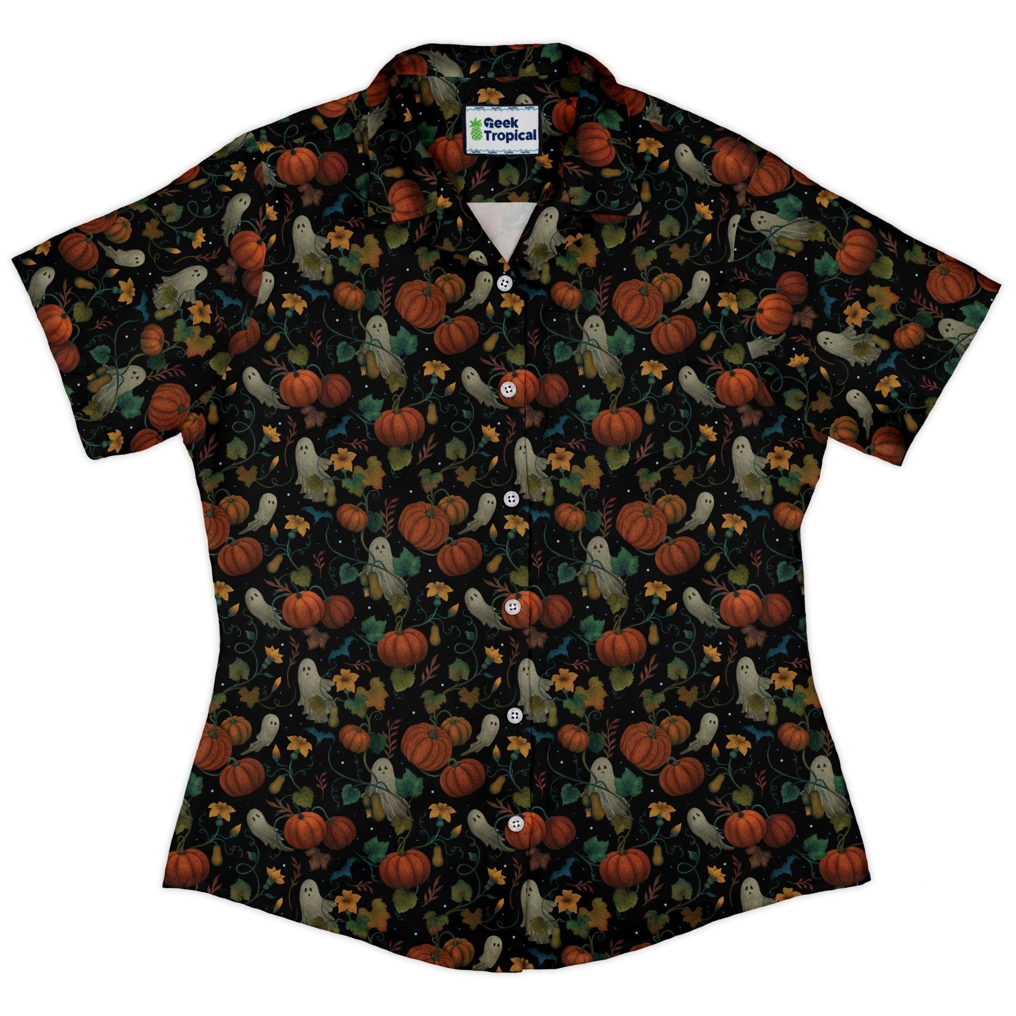 Pumpkin Ghosts Curvy Button Up Shirt Geek Nerd 0925 All Adult Button Up Shirts Botany Print