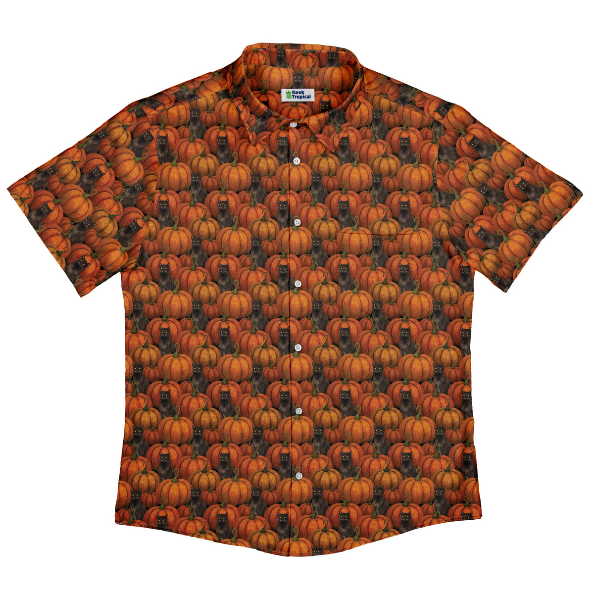 Pumpkins And Black Cats Button Up Shirt Flat Front
