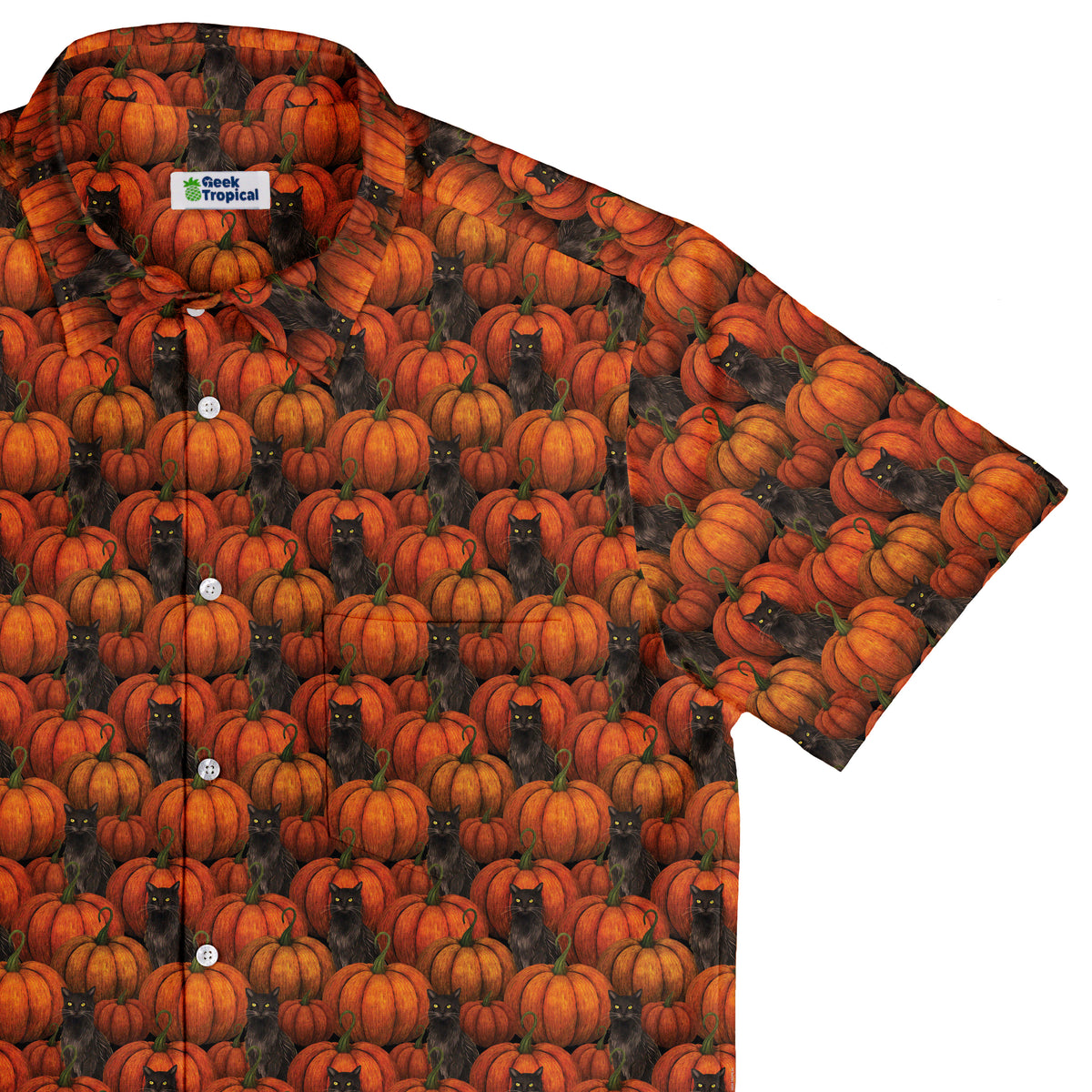 Pumpkins And Black Cats Button Up Shirt Top Corner