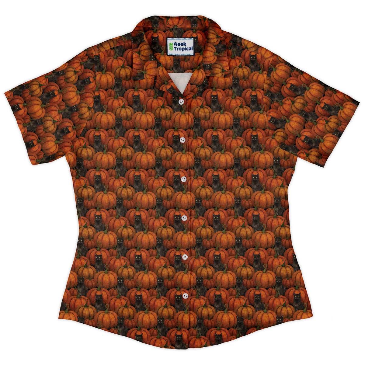 Pumpkins And Black Cats Curvy Button Up Shirt womens front