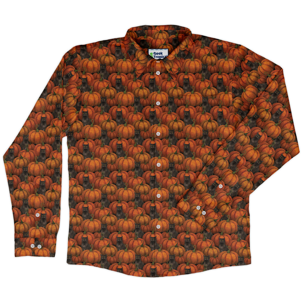 Pumpkins And Black Cats Long Sleeve Button Up Shirt front
