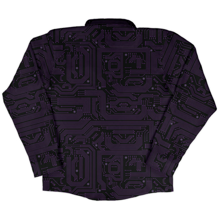 Purple Computer Circuit Board Long Sleeve Button Up Shirt Geek Nerd adult sizing computer print FLOW DESC WRITING