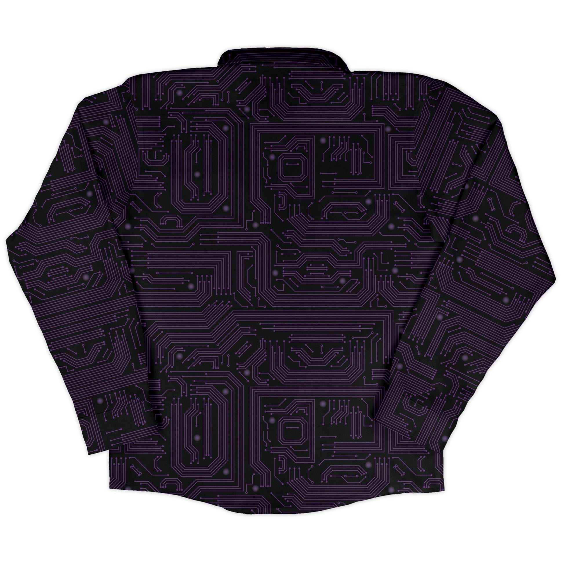 Purple Computer Circuit Board Long Sleeve Button Up Shirt Geek Nerd adult sizing computer print FLOW DESC WRITING