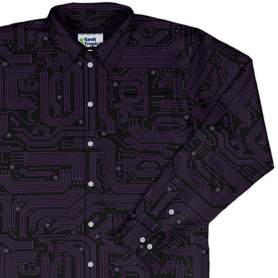 Purple Computer Circuit Board Long Sleeve Button Up Shirt Geek Nerd adult sizing computer print FLOW DESC WRITING