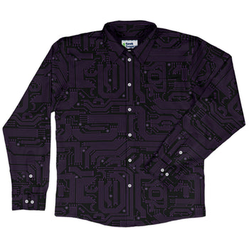Purple Computer Circuit Board Long Sleeve Button Up Shirt Geek Nerd adult sizing computer print FLOW DESC WRITING