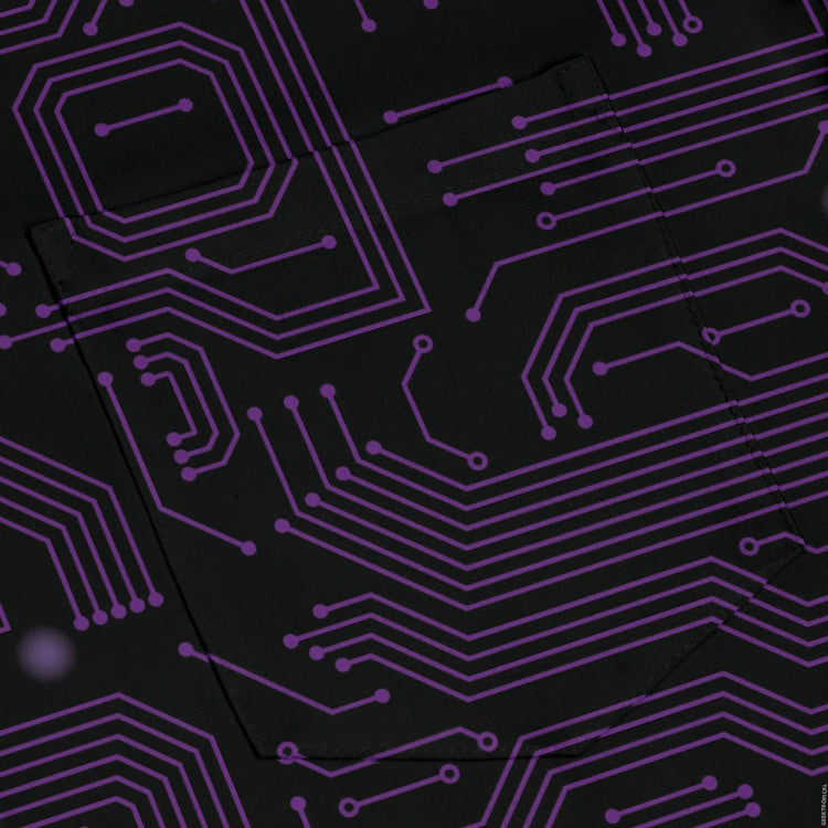 Purple Computer Circuit Board Long Sleeve Button Up Shirt Geek Nerd adult sizing computer print FLOW DESC WRITING