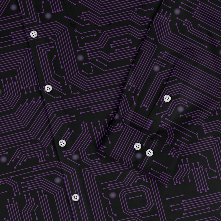Purple Computer Circuit Board Long Sleeve Button Up Shirt Geek Nerd adult sizing computer print FLOW DESC WRITING