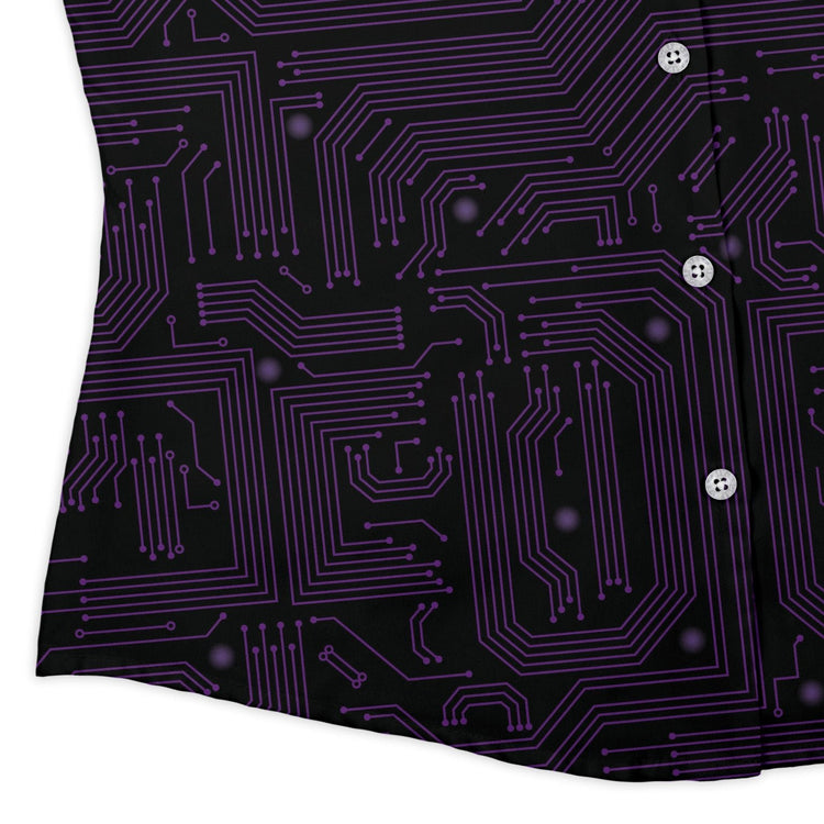 Purple Computer Circuit Board Curvy Button Up Shirt Geek Nerd computer print women