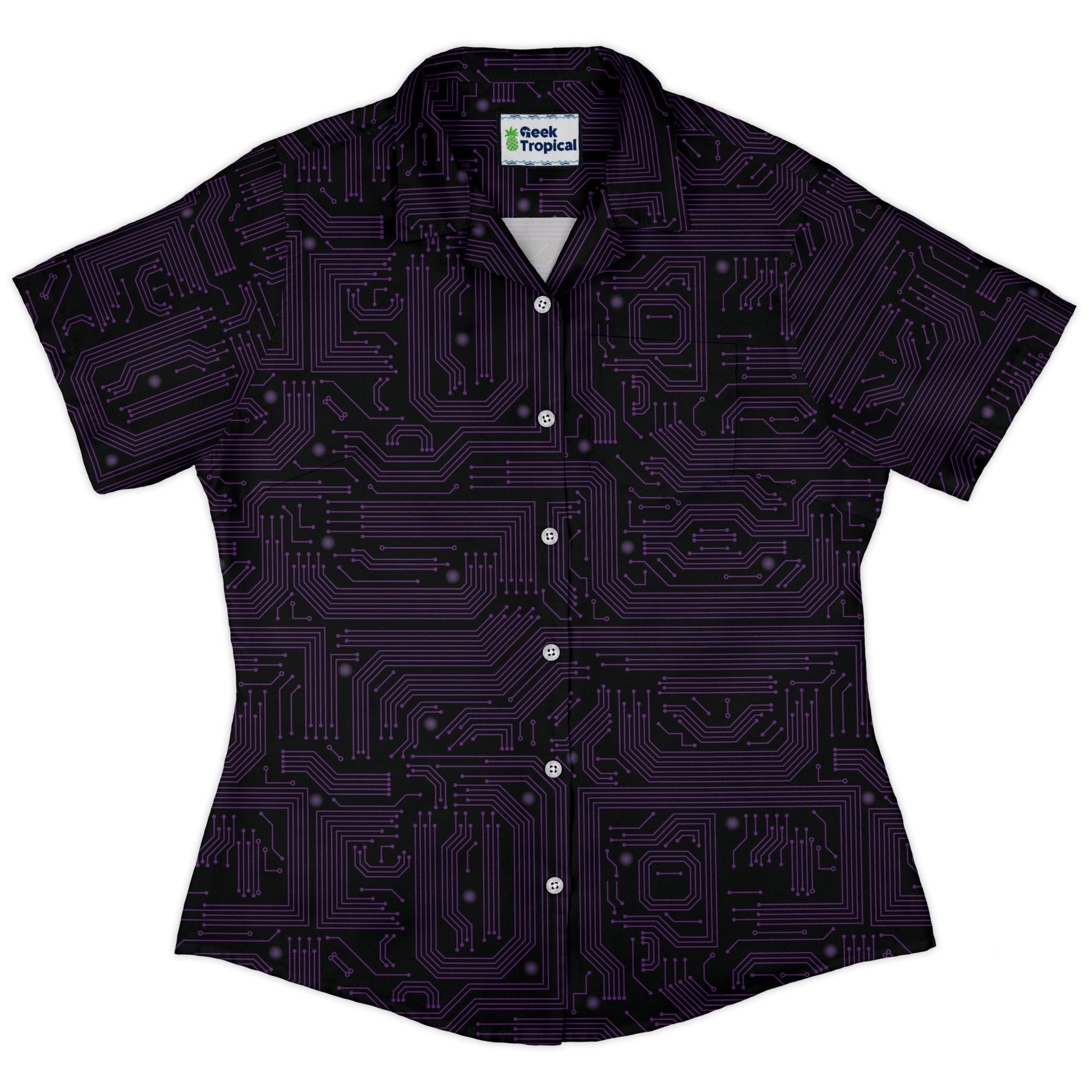 Clearance Ready - to - Ship Purple Computer Circuit Board Curvy Button Up Shirt Geek Nerd Clearance computer print Ready - to - Ship