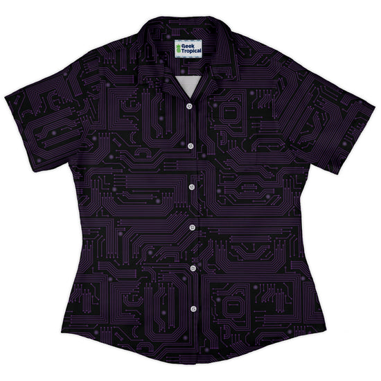 Purple Computer Circuit Board Curvy Button Up Shirt Geek Nerd computer print women