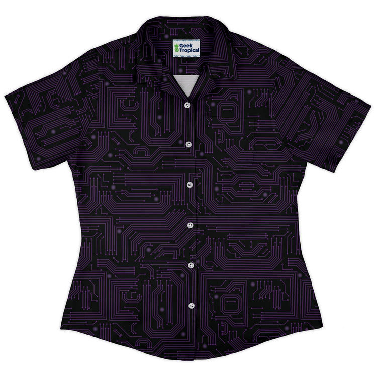 Purple Computer Circuit Board Curvy Button Up Shirt Geek Nerd computer print women
