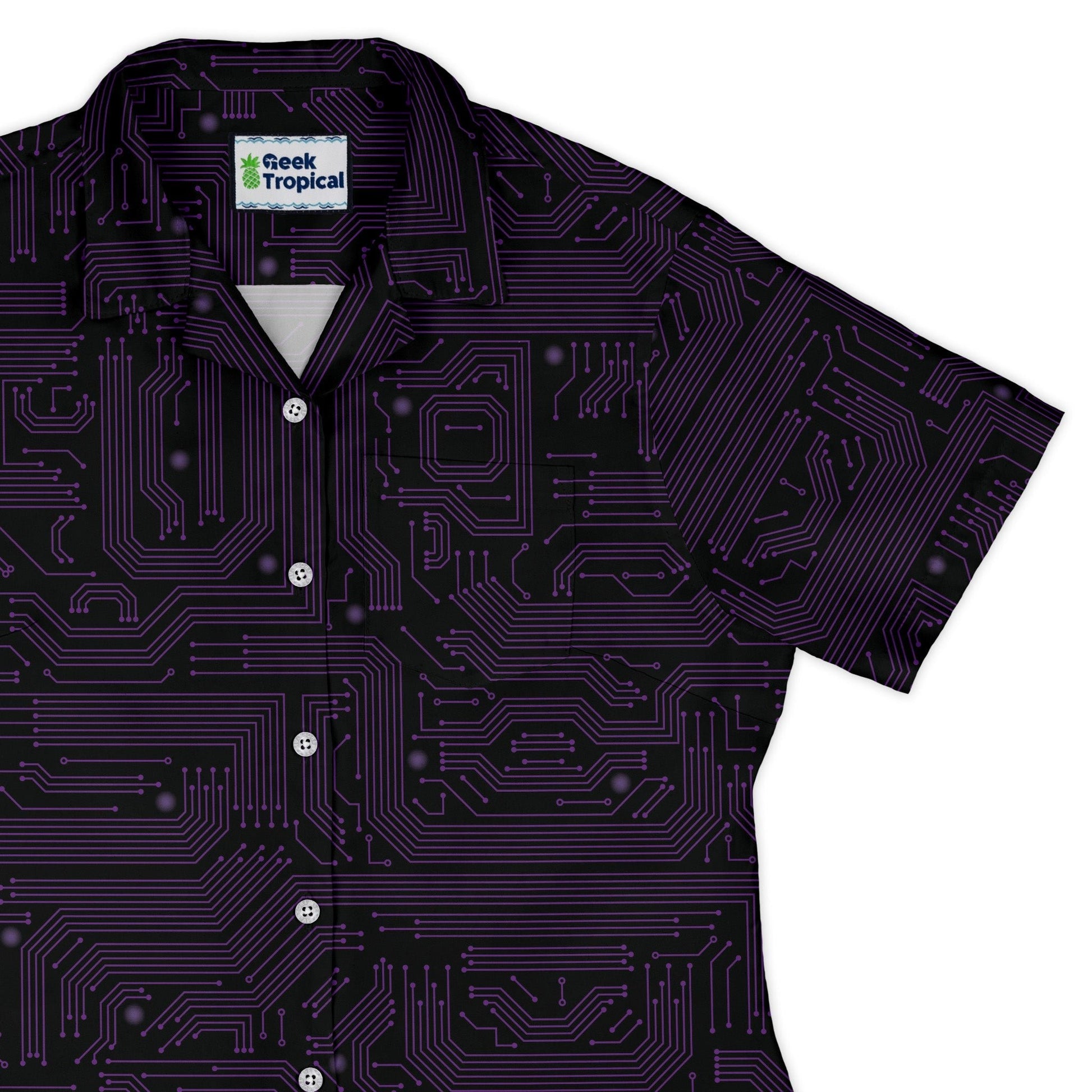Purple Computer Circuit Board Curvy Button Up Shirt Geek Nerd computer print women