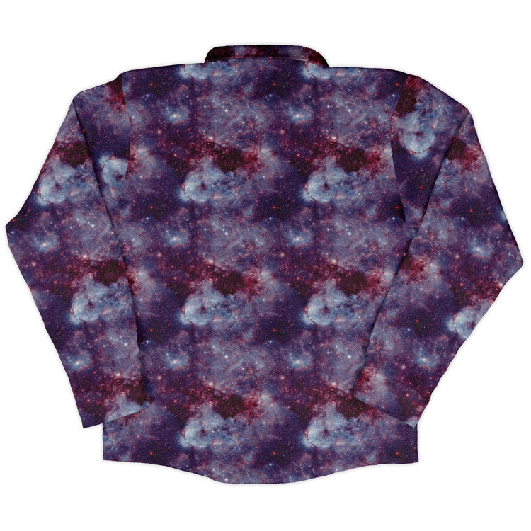 Purple Nebula Space Long Sleeve Button Up Shirt Geek Nerd adult sizing FLOW DESC WRITING outer space & astronaut print