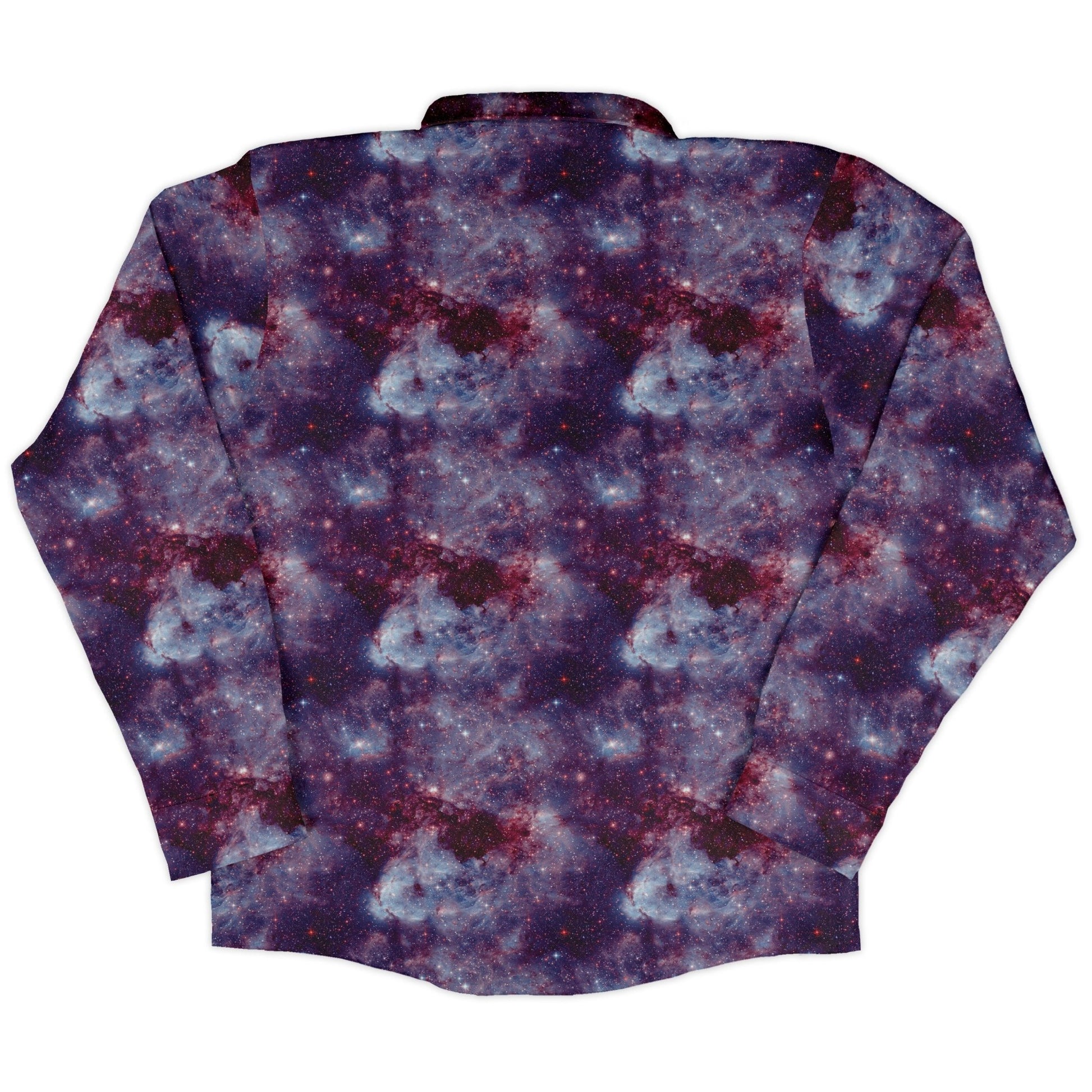 Purple Nebula Space Long Sleeve Button Up Shirt Geek Nerd adult sizing FLOW DESC WRITING outer space & astronaut print