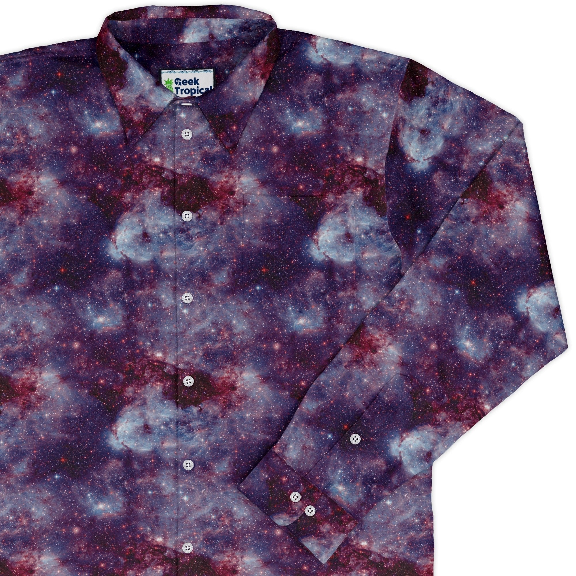 Purple Nebula Space Long Sleeve Button Up Shirt Geek Nerd adult sizing FLOW DESC WRITING outer space & astronaut print