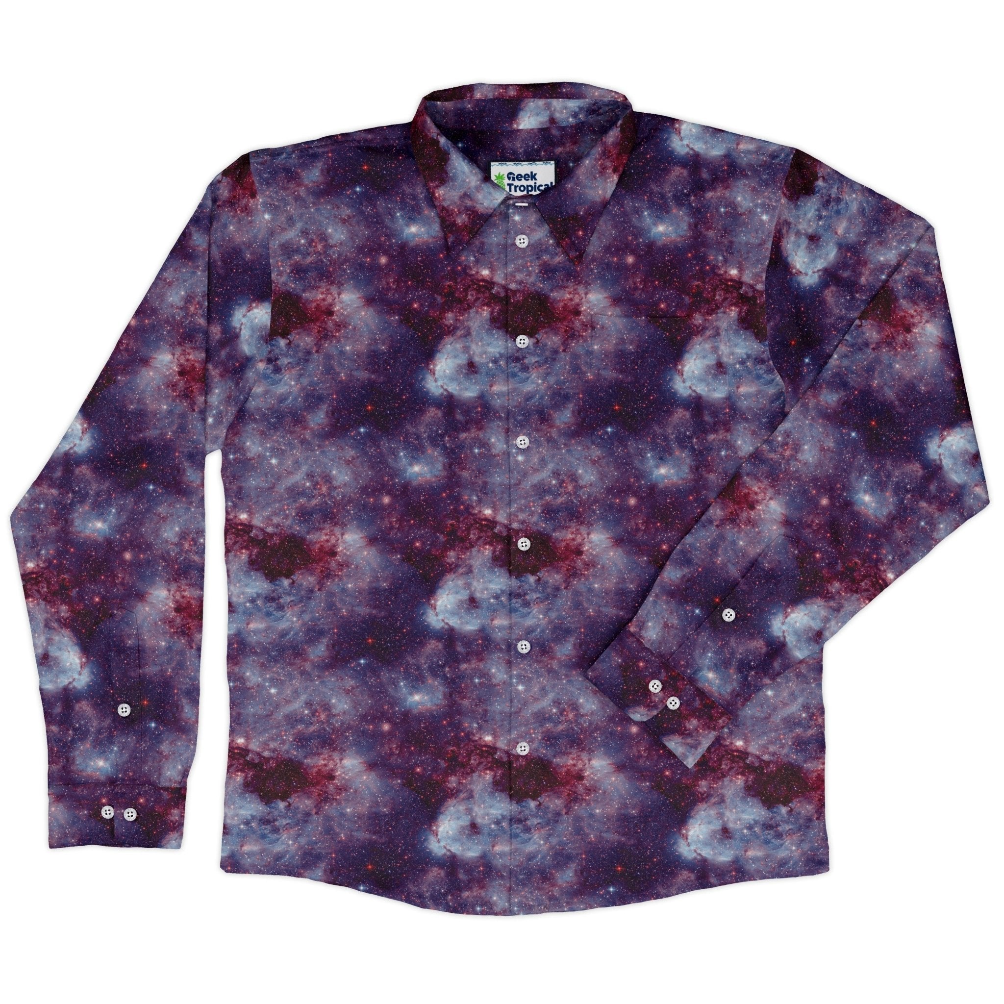 Purple Nebula Space Long Sleeve Button Up Shirt Geek Nerd adult sizing FLOW DESC WRITING outer space & astronaut print