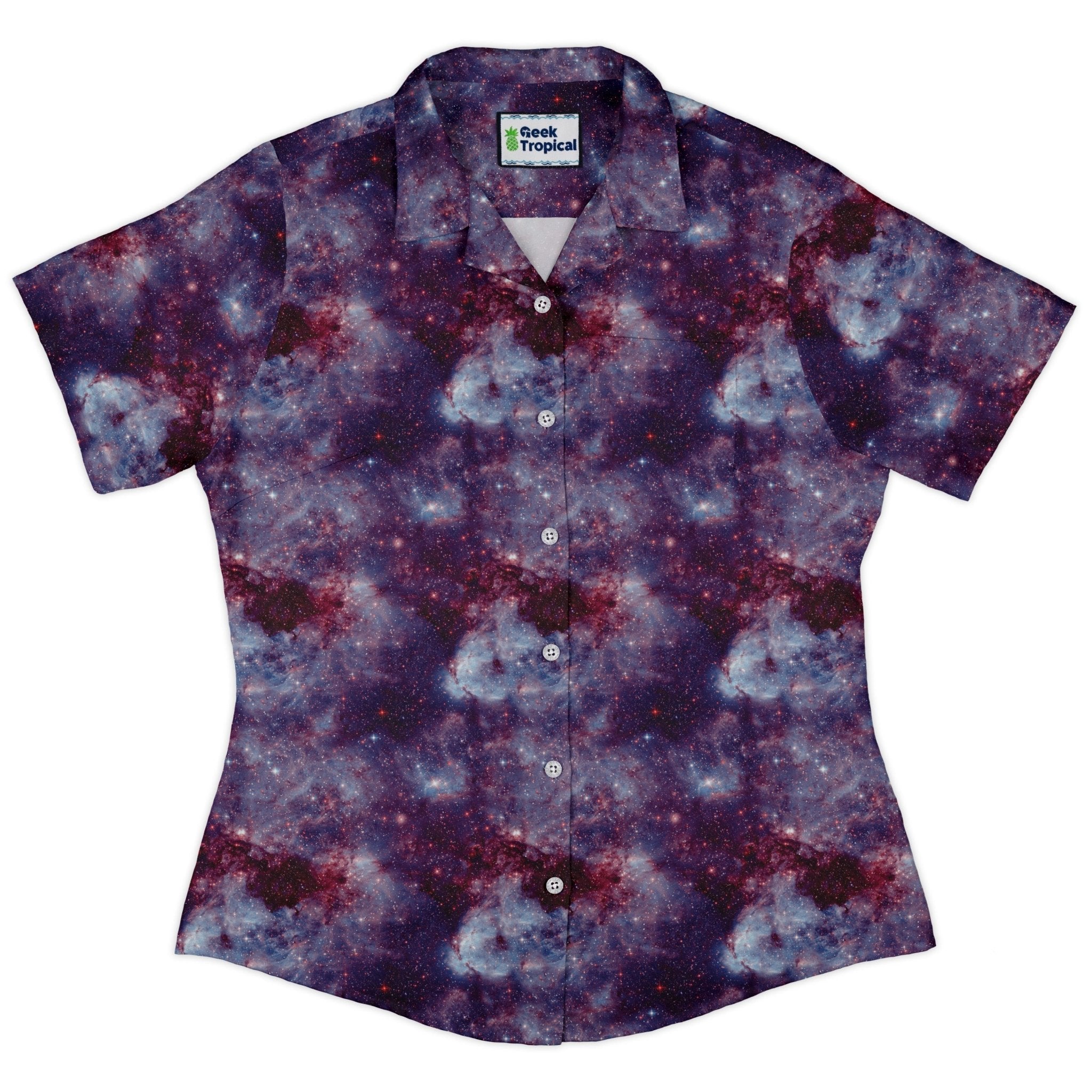 Purple Nebula Space Curvy Button Up Shirt Geek Nerd outer space & astronaut print women