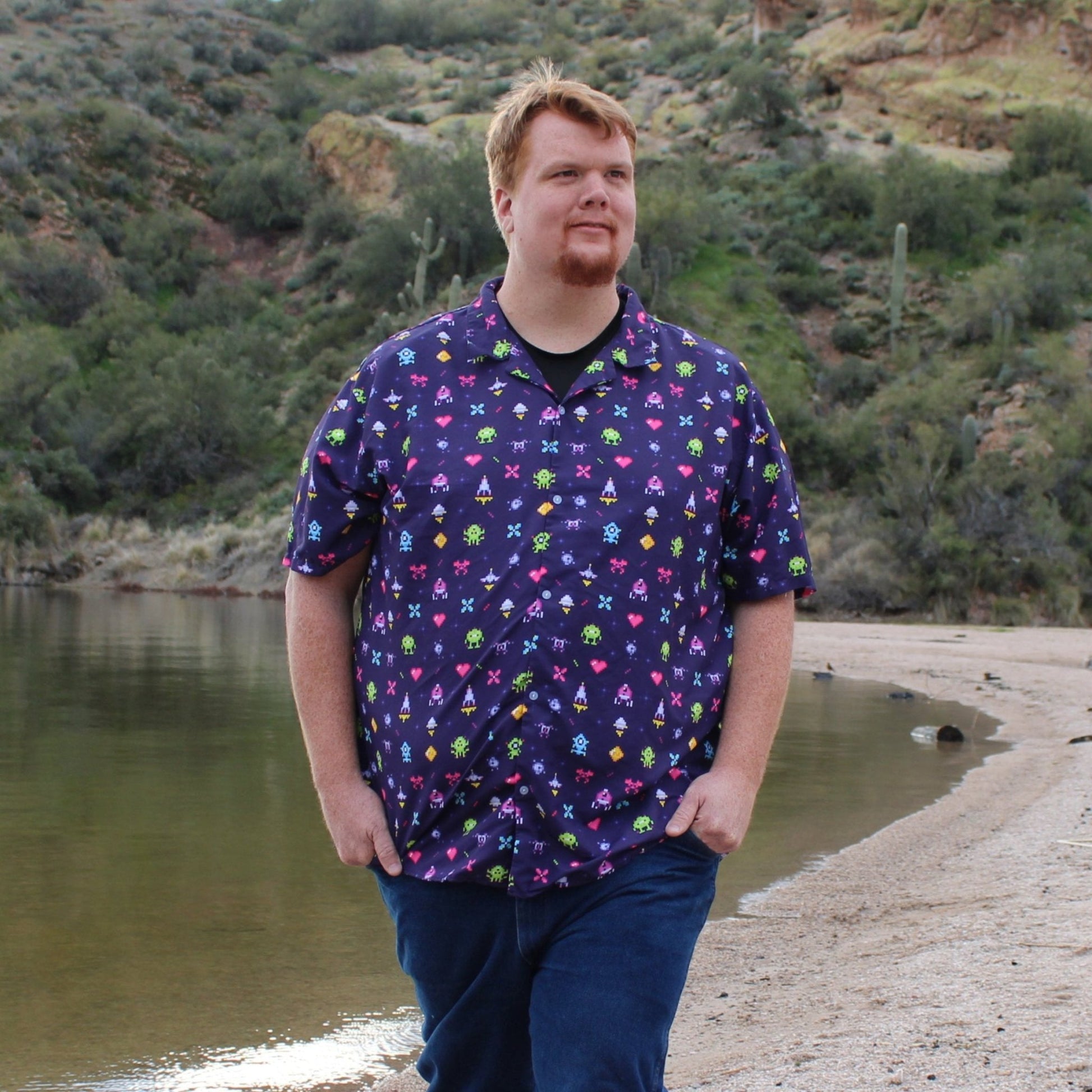 Pixel Art Arcade Video Game Purple Button Up Shirt Geek Nerd adult sizing video game arcade print