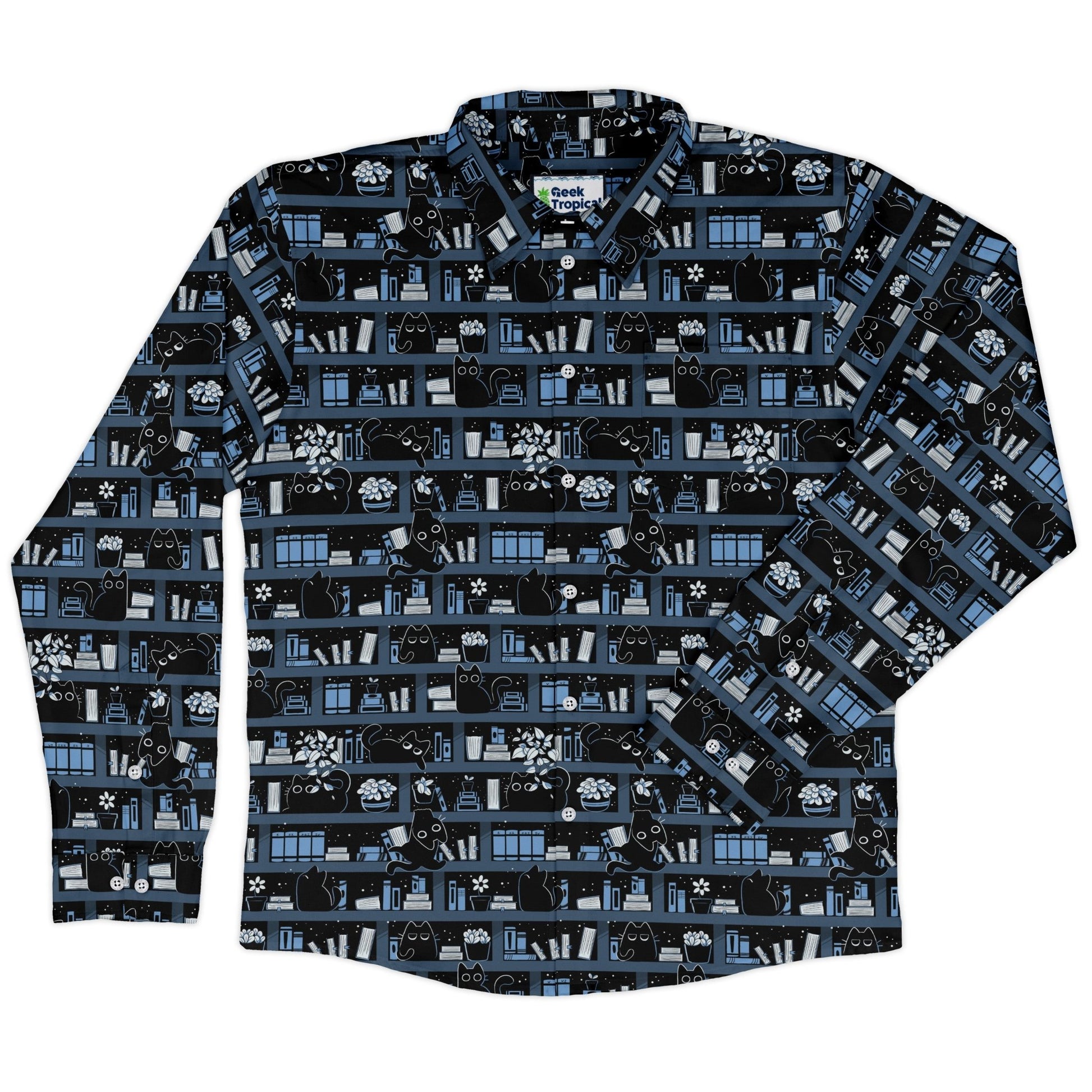 Purrrfect Library Long Sleeve Button Up Shirt Geek Nerd 0925 adult sizing All Adult Button Up Shirts