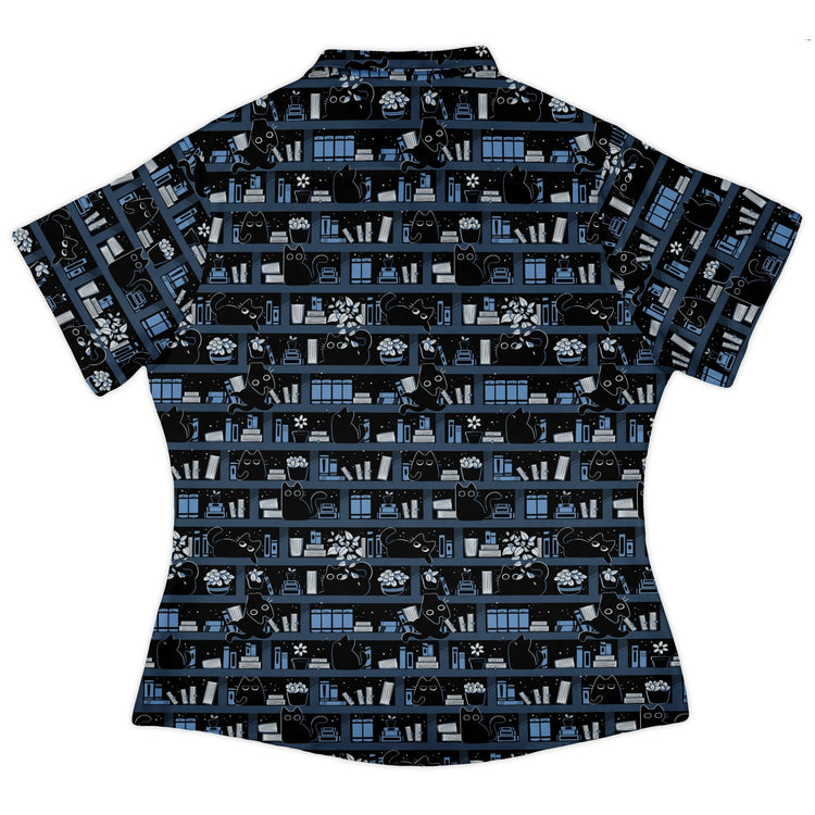 Purrrfect Library Curvy Button Up Shirt Geek Nerd 0925 All Adult Button Up Shirts Animal Patterns