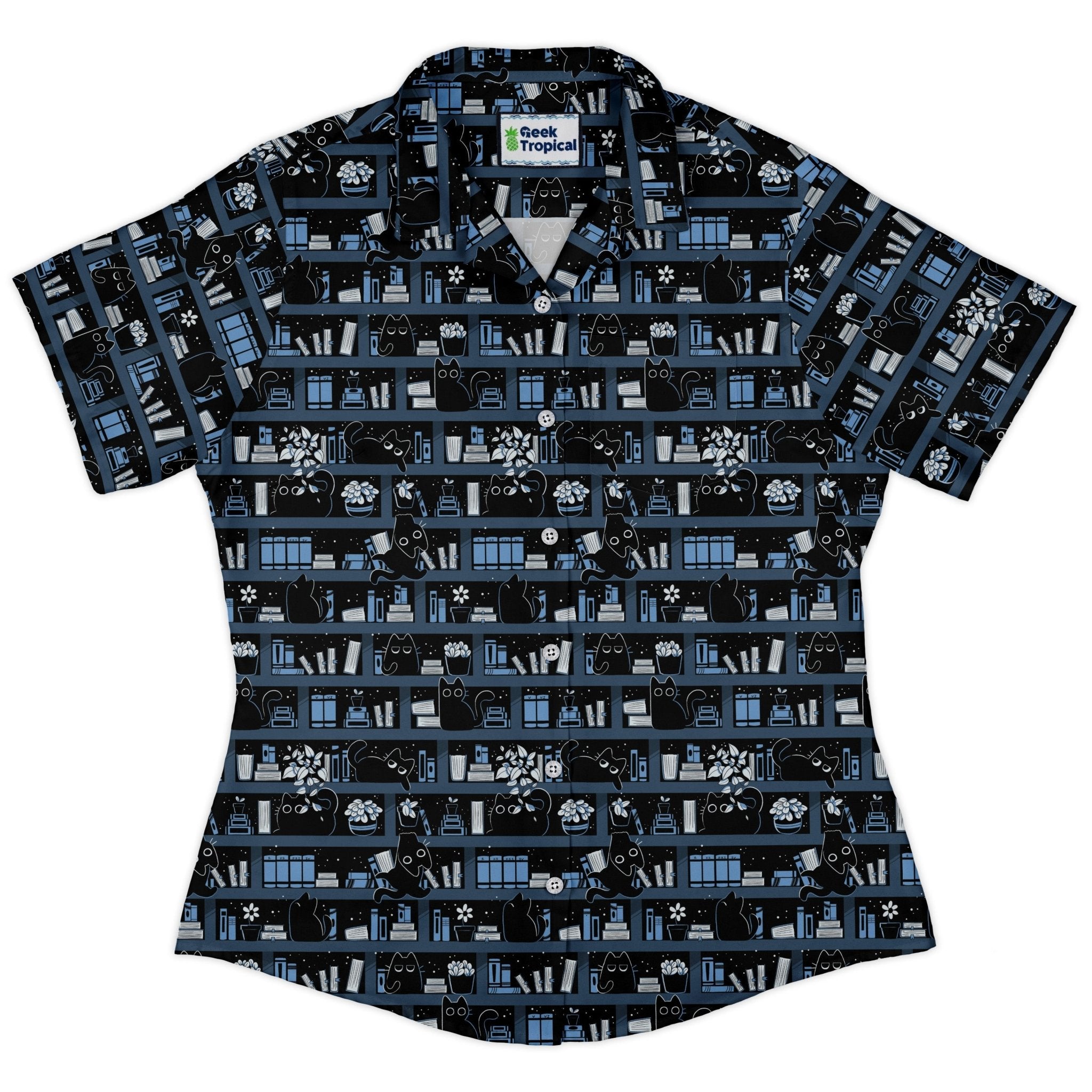 Purrrfect Library Curvy Button Up Shirt Geek Nerd 0925 All Adult Button Up Shirts Animal Patterns
