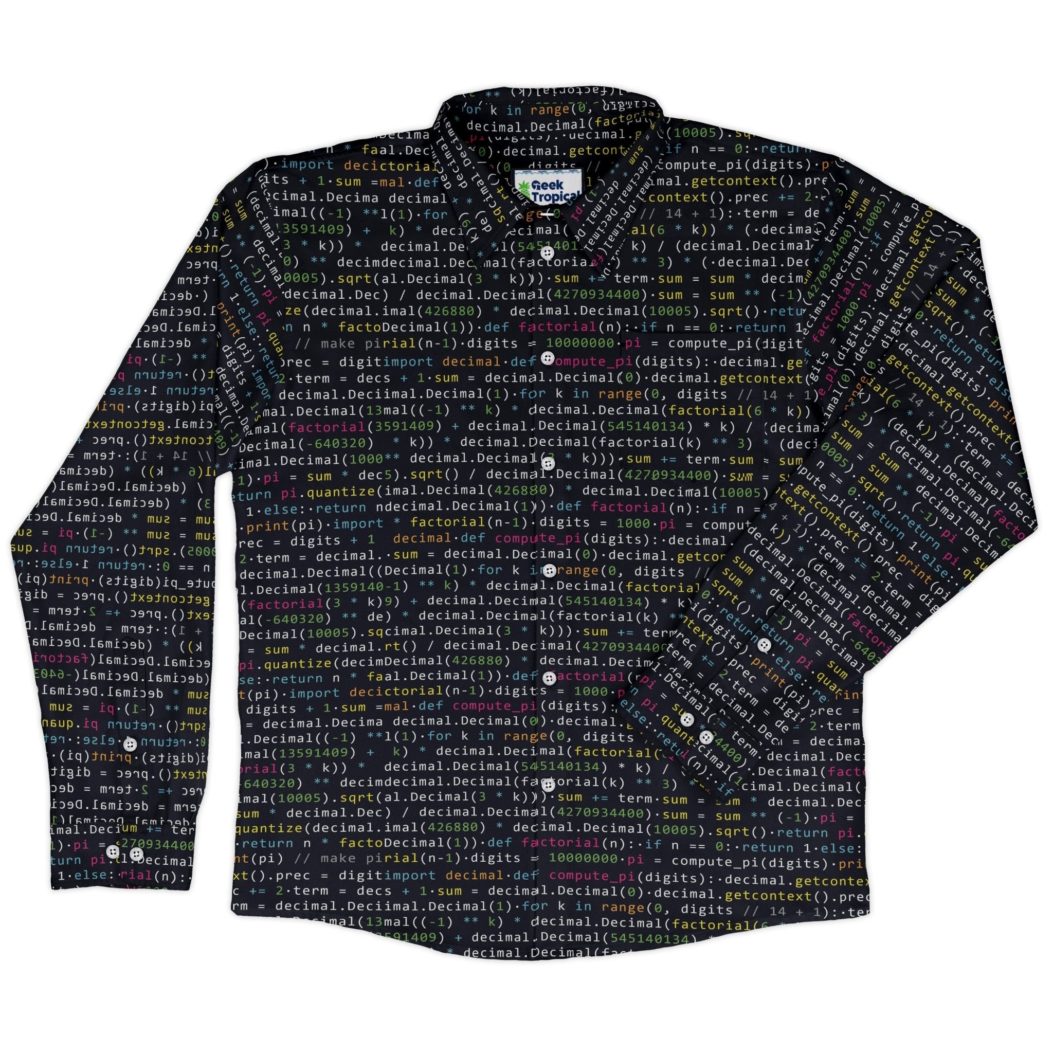 Python Pi Long Sleeve Button Up Shirt Geek Nerd adult sizing computer print FLOW DESC WRITING