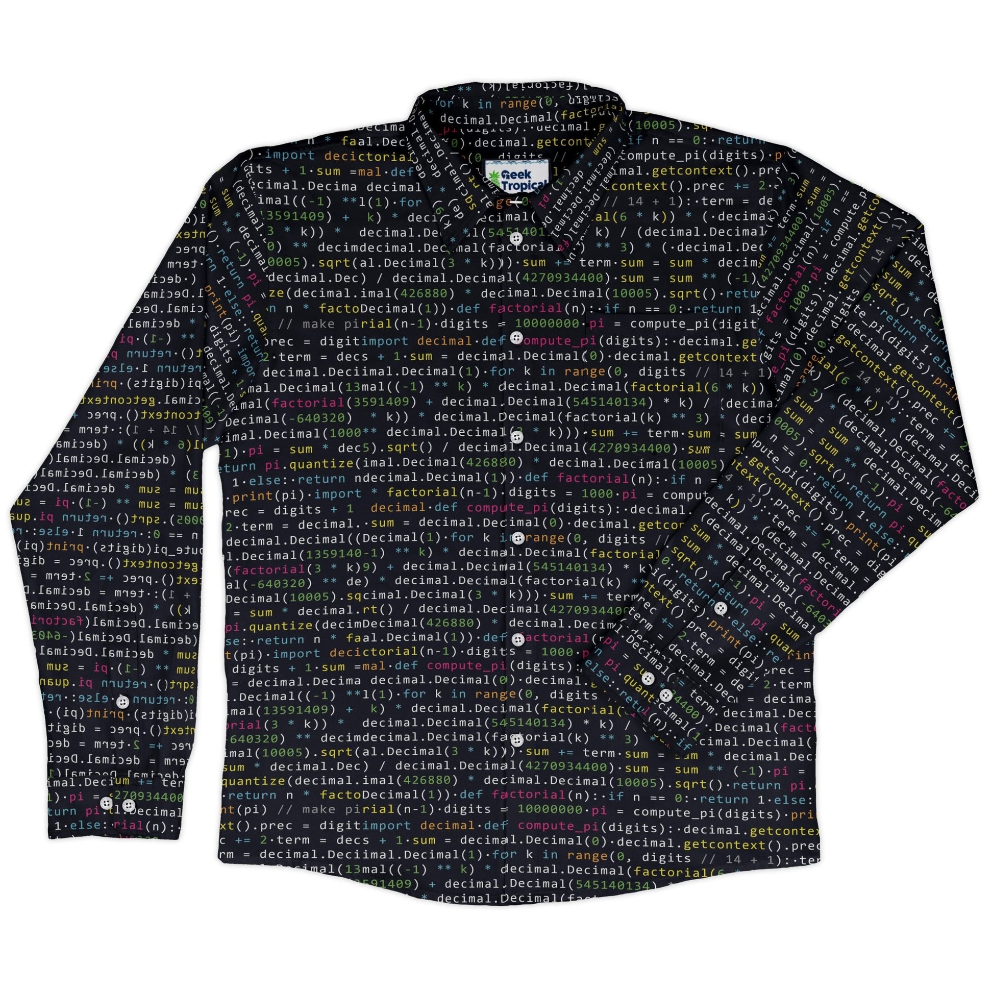 Python Pi Long Sleeve Button Up Shirt Geek Nerd adult sizing computer print FLOW DESC WRITING