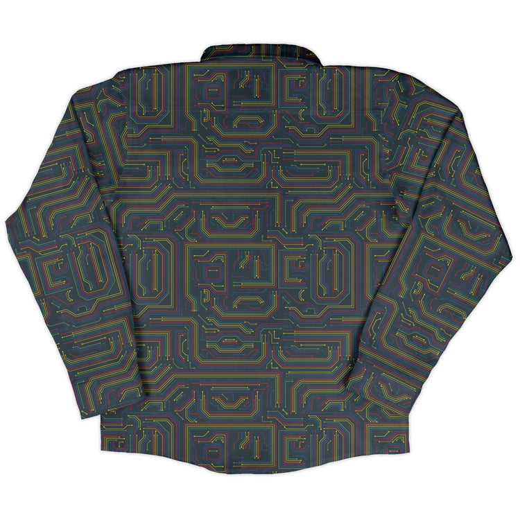 Rainbow Computer Circuit Board Long Sleeve Button Up Shirt Geek Nerd adult sizing computer print FLOW DESC WRITING