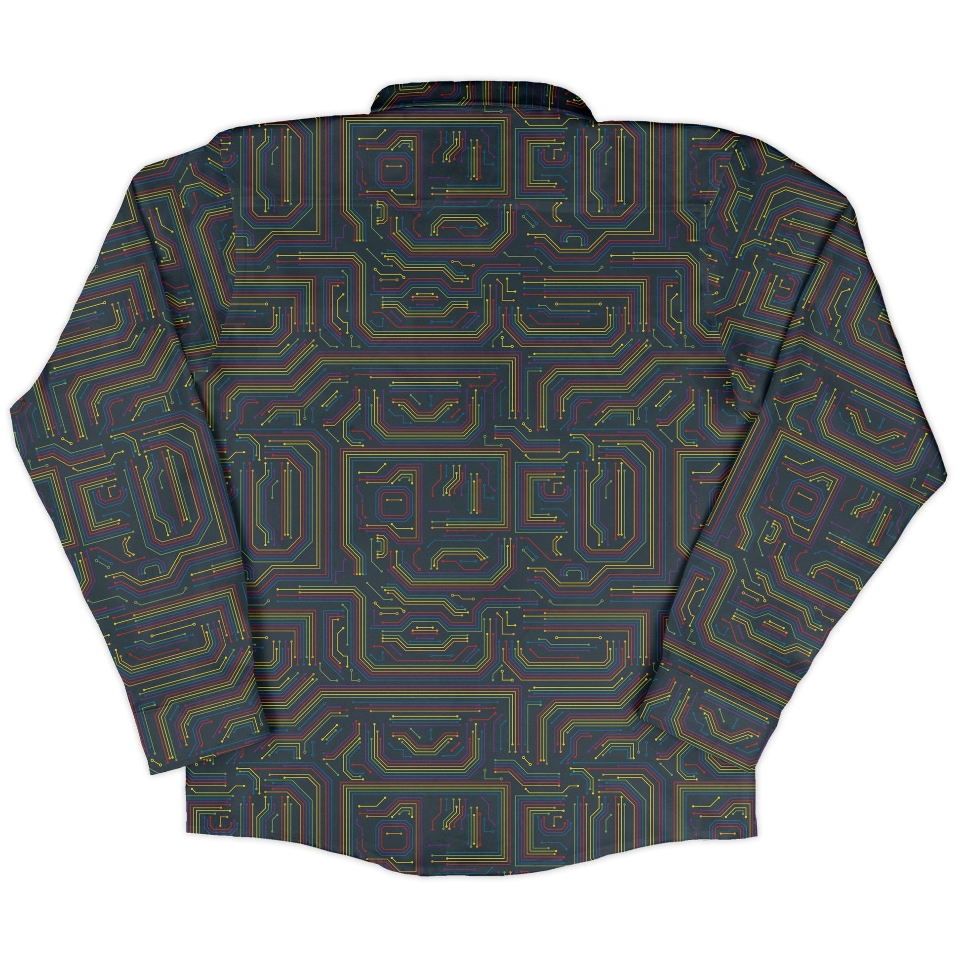 Rainbow Computer Circuit Board Long Sleeve Button Up Shirt Geek Nerd adult sizing computer print FLOW DESC WRITING