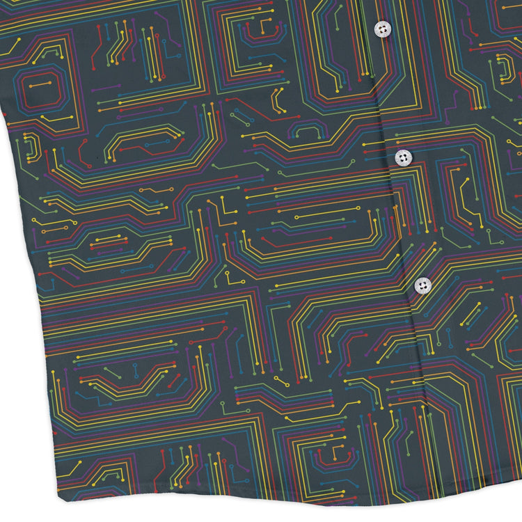 Rainbow Computer Circuit Board Long Sleeve Button Up Shirt Geek Nerd adult sizing computer print FLOW DESC WRITING