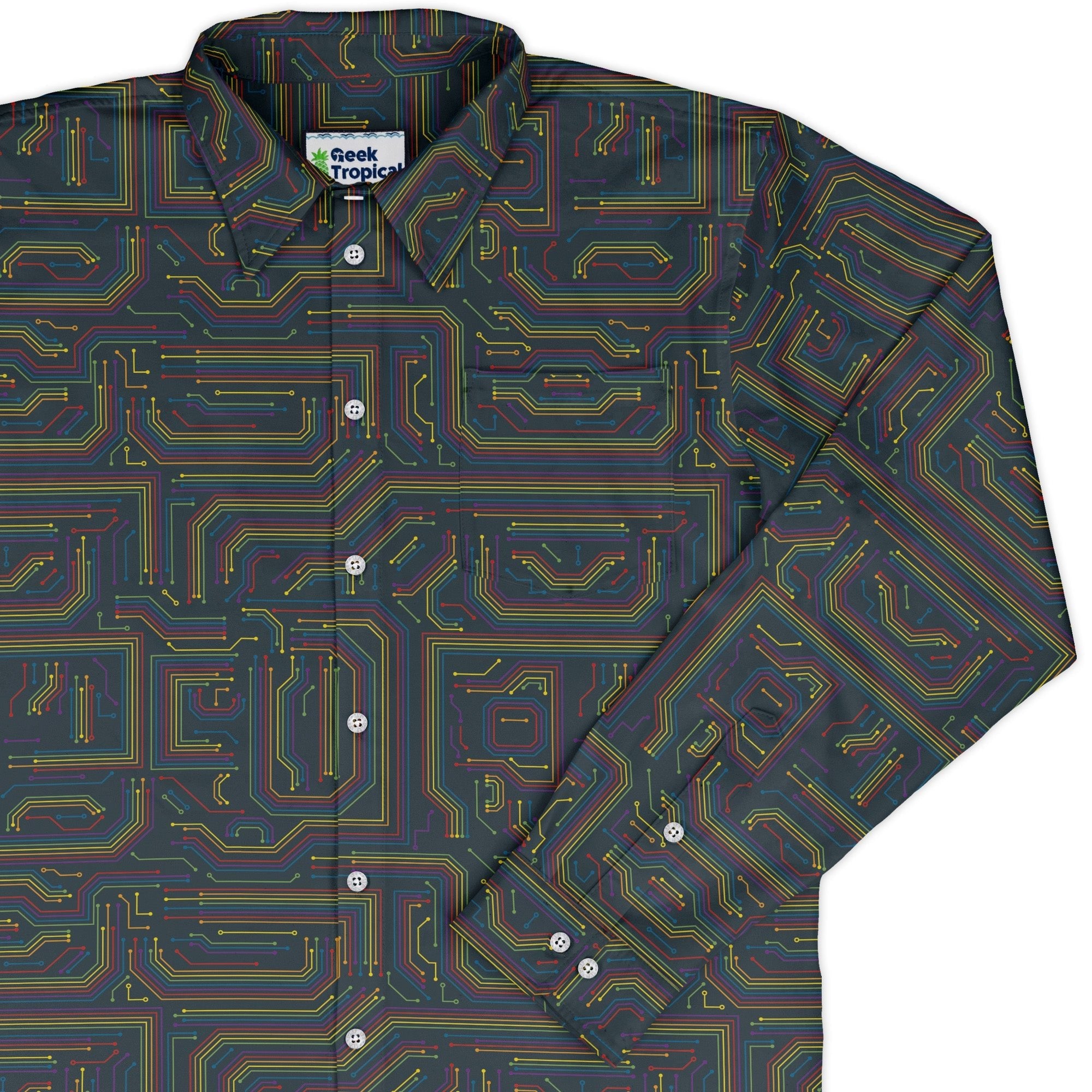 Rainbow Computer Circuit Board Long Sleeve Button Up Shirt Geek Nerd adult sizing computer print FLOW DESC WRITING
