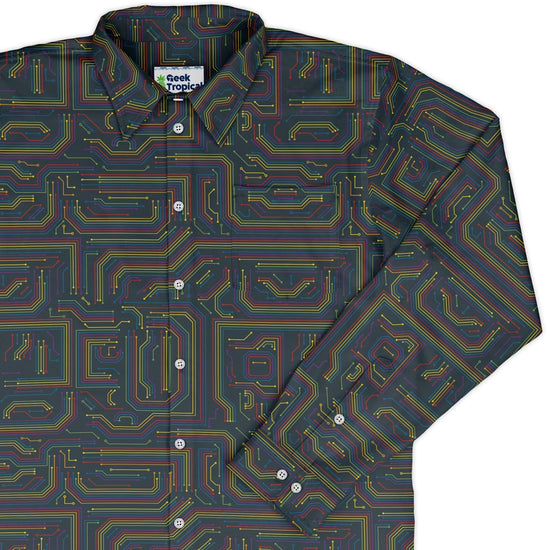 Rainbow Computer Circuit Board Long Sleeve Button Up Shirt Geek Nerd adult sizing computer print FLOW DESC WRITING