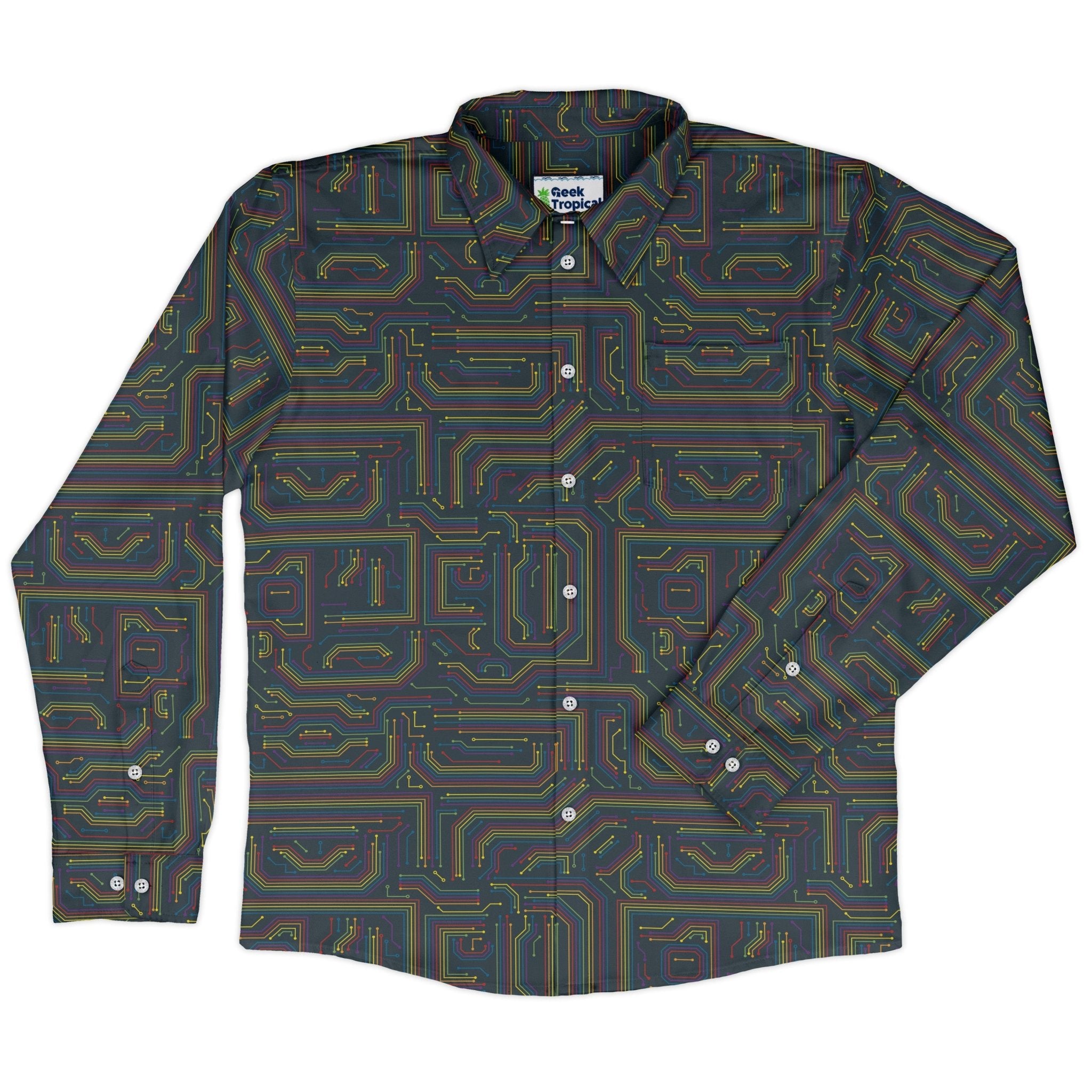Rainbow Computer Circuit Board Long Sleeve Button Up Shirt Geek Nerd adult sizing computer print FLOW DESC WRITING