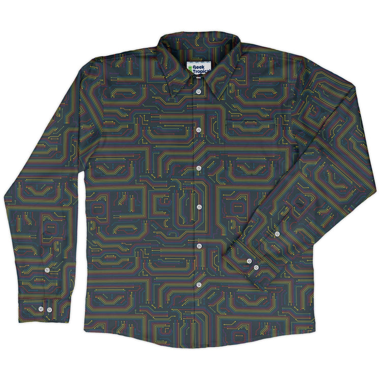 Rainbow Computer Circuit Board Long Sleeve Button Up Shirt Geek Nerd adult sizing computer print FLOW DESC WRITING
