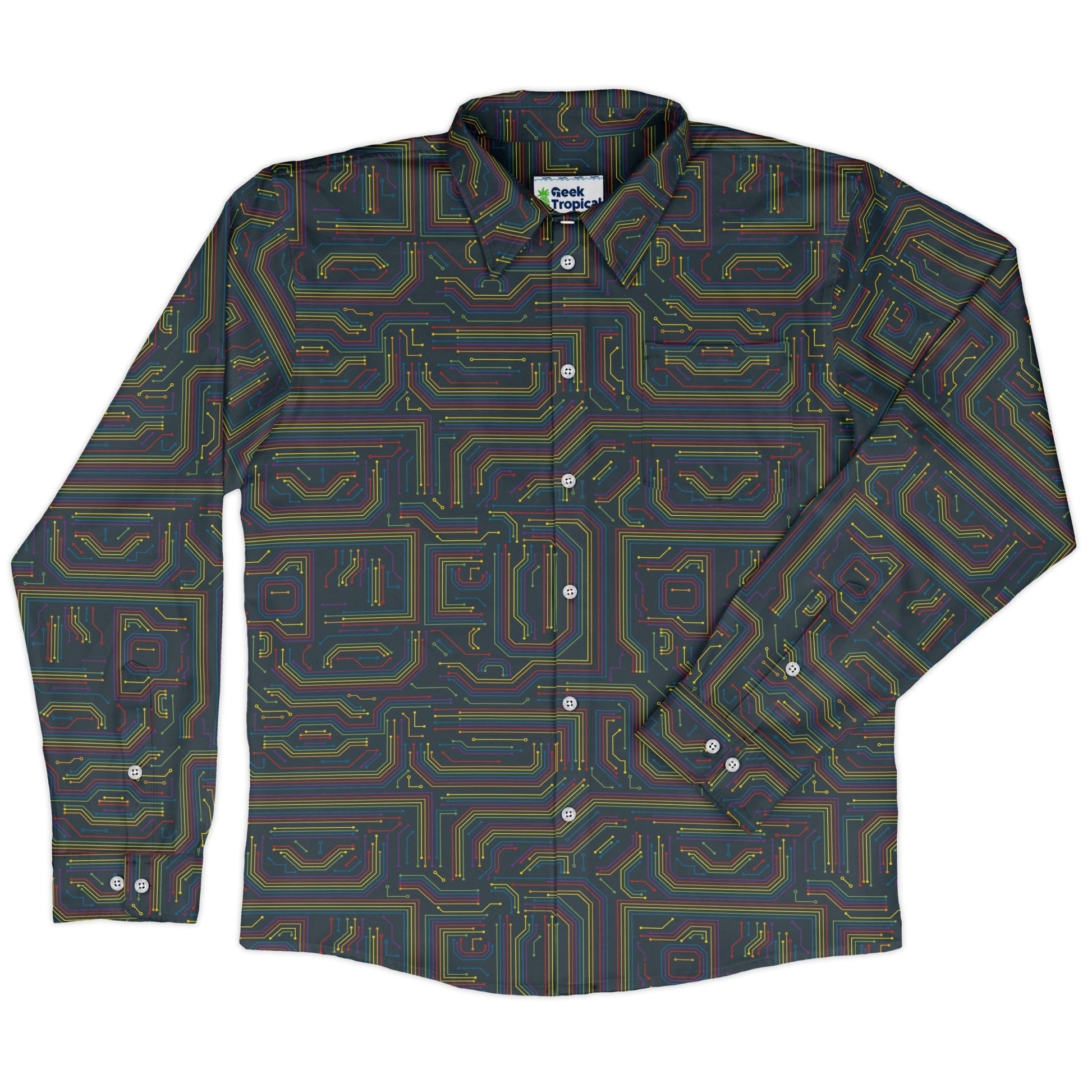 Rainbow Computer Circuit Board Long Sleeve Button Up Shirt Geek Nerd adult sizing computer print FLOW DESC WRITING