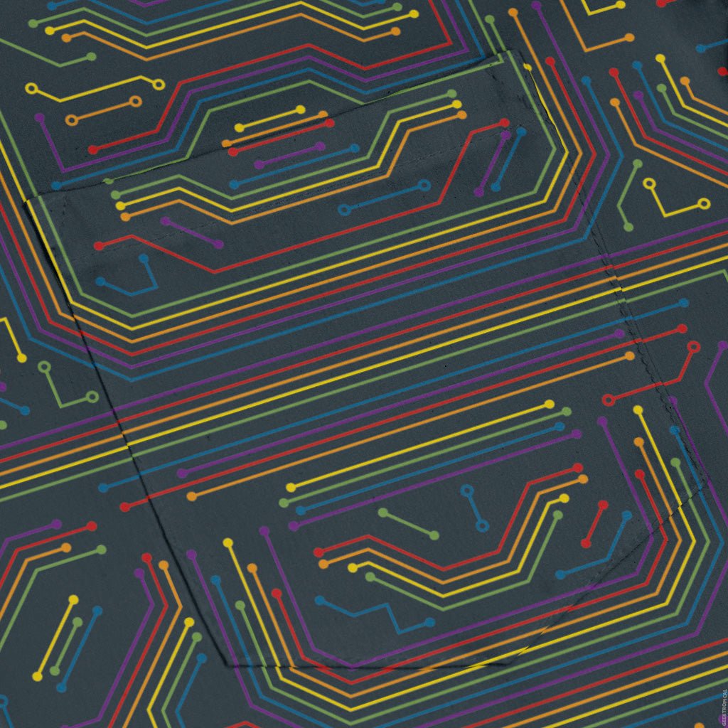 Rainbow Computer Circuit Board Long Sleeve Button Up Shirt Geek Nerd adult sizing computer print FLOW DESC WRITING