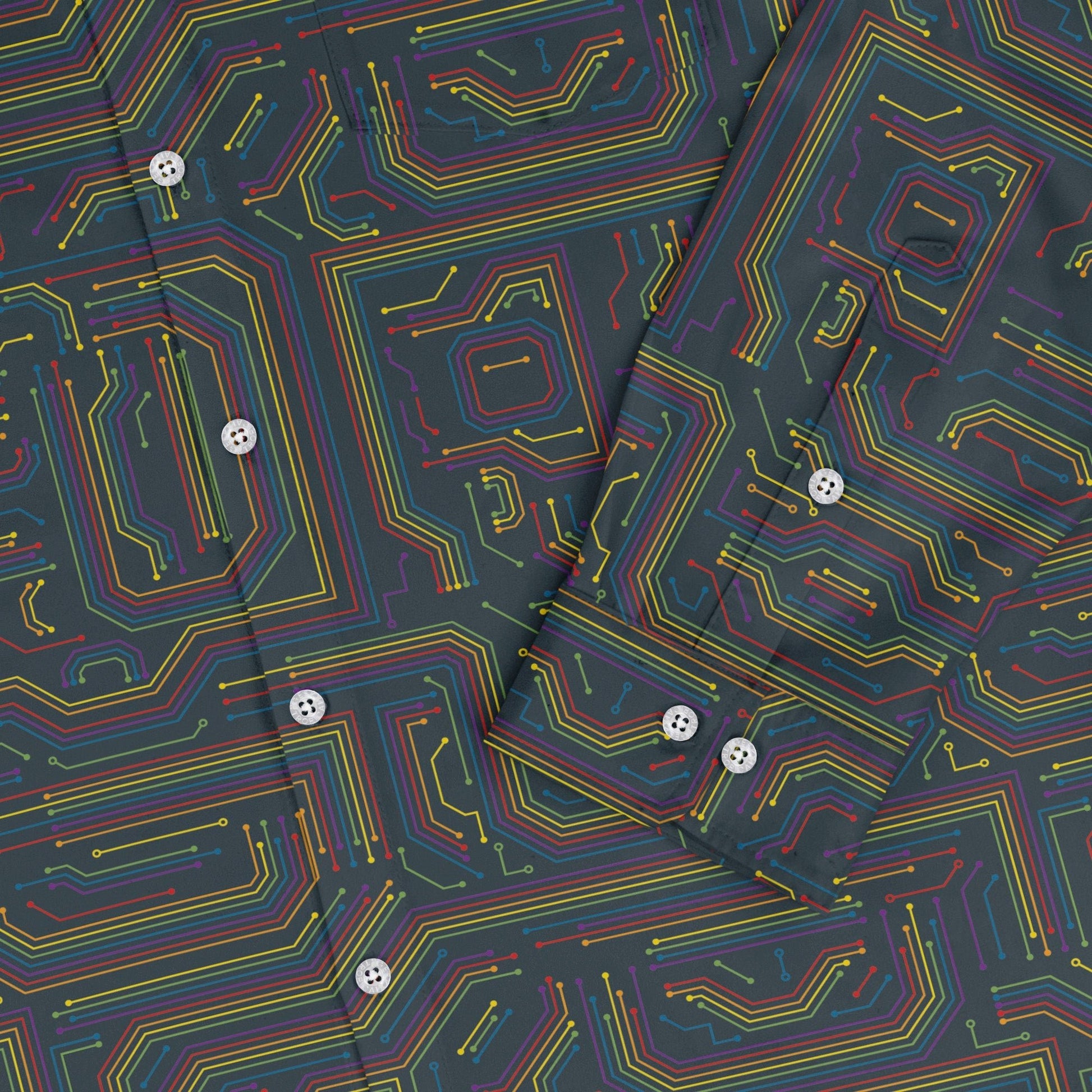 Rainbow Computer Circuit Board Long Sleeve Button Up Shirt Geek Nerd adult sizing computer print FLOW DESC WRITING