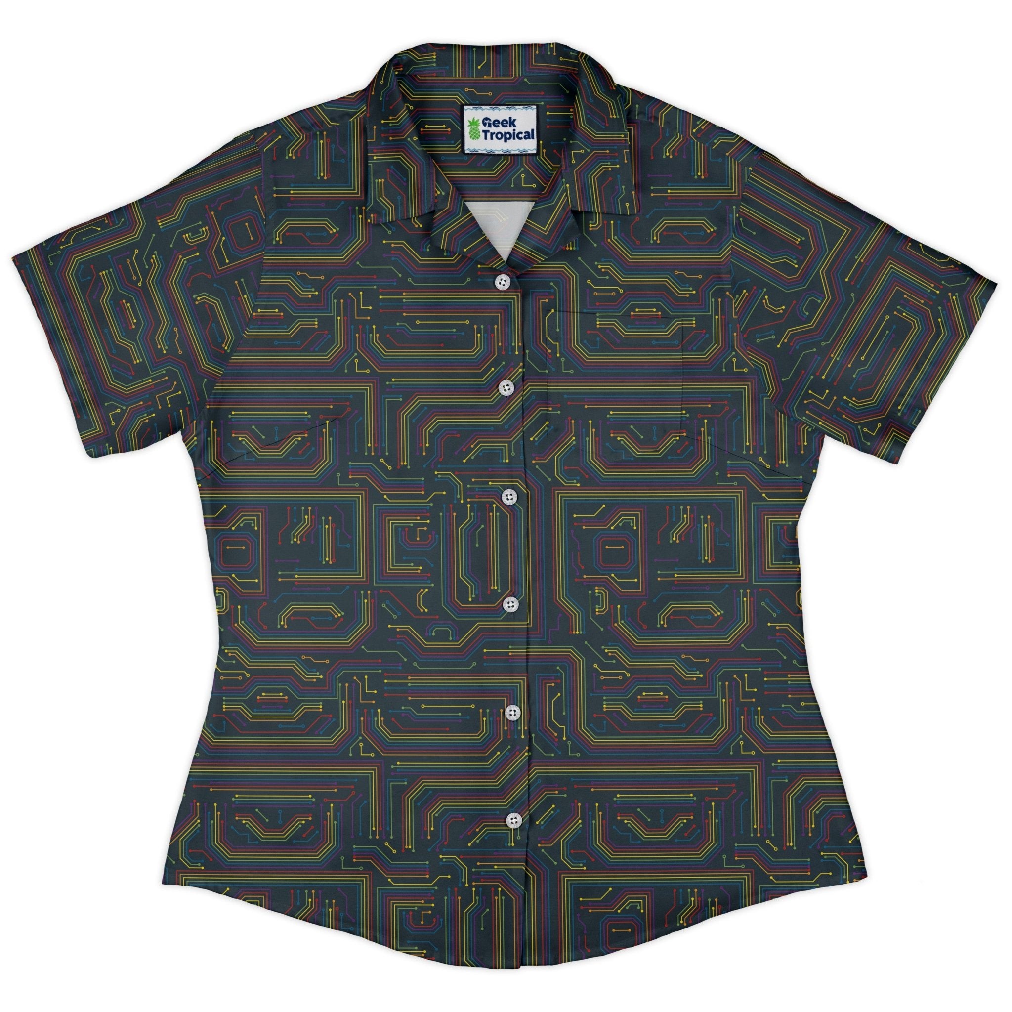 Rainbow Computer Circuit Board Curvy Button Up Shirt Geek Nerd computer print Pride Patterns women