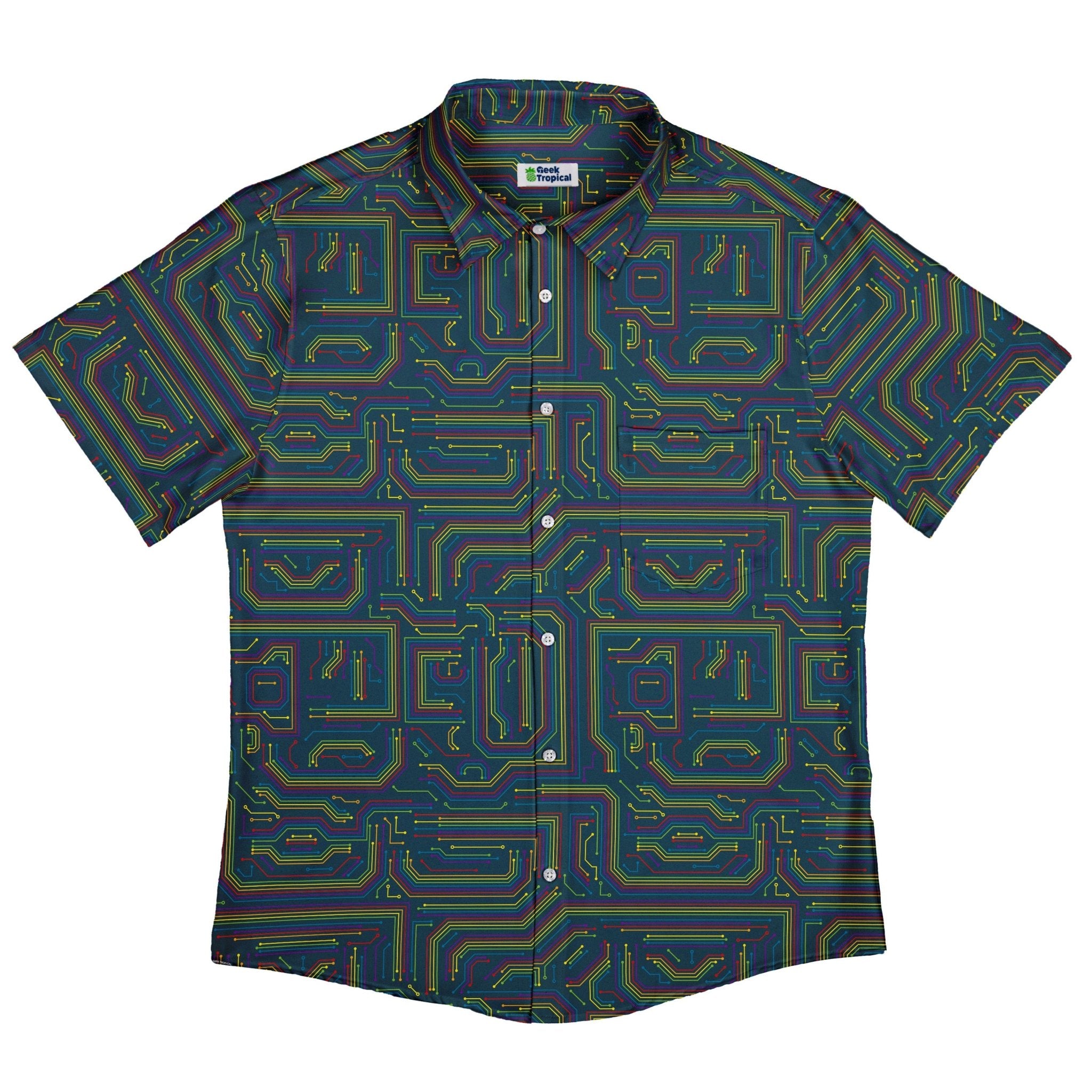 Rainbow Computer Circuit Board Button Up Shirt - adult sizing - computer print - Pride Patterns